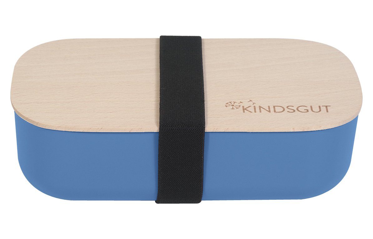 KINDSGUT Lunchbox Brotdose, Bio-Kunststoff, aus Bio-Kunststoff hochwertige aus bruchsicher, Denim dezente schönes und unlackiertem Deckel Qualität Design, und Farben Buchenholz, mit