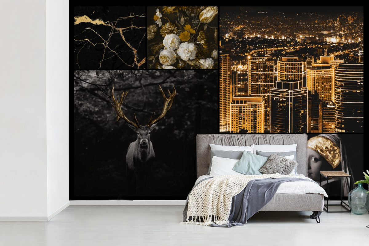 Gold, Wohnzimmer, (6 Mädchen bedruckt, mit Schlafzimmer, Fototapete für Vinyl Perlenohrring Collage Wallpaper - Kinderzimmer, - Matt, Tapete St), MuchoWow