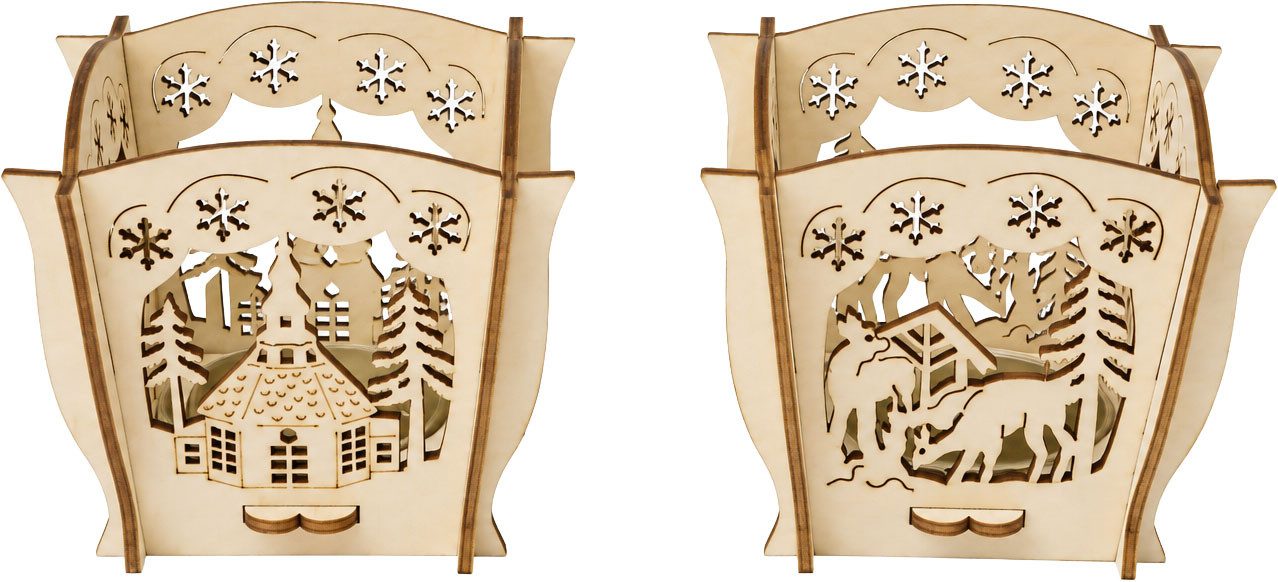 OTTO home Kerzenhalter Holz (Set, 2 St., 2er-Set), Gratis-Hänger, Höhe 7,5 cm, detailreiche winterliche Motive