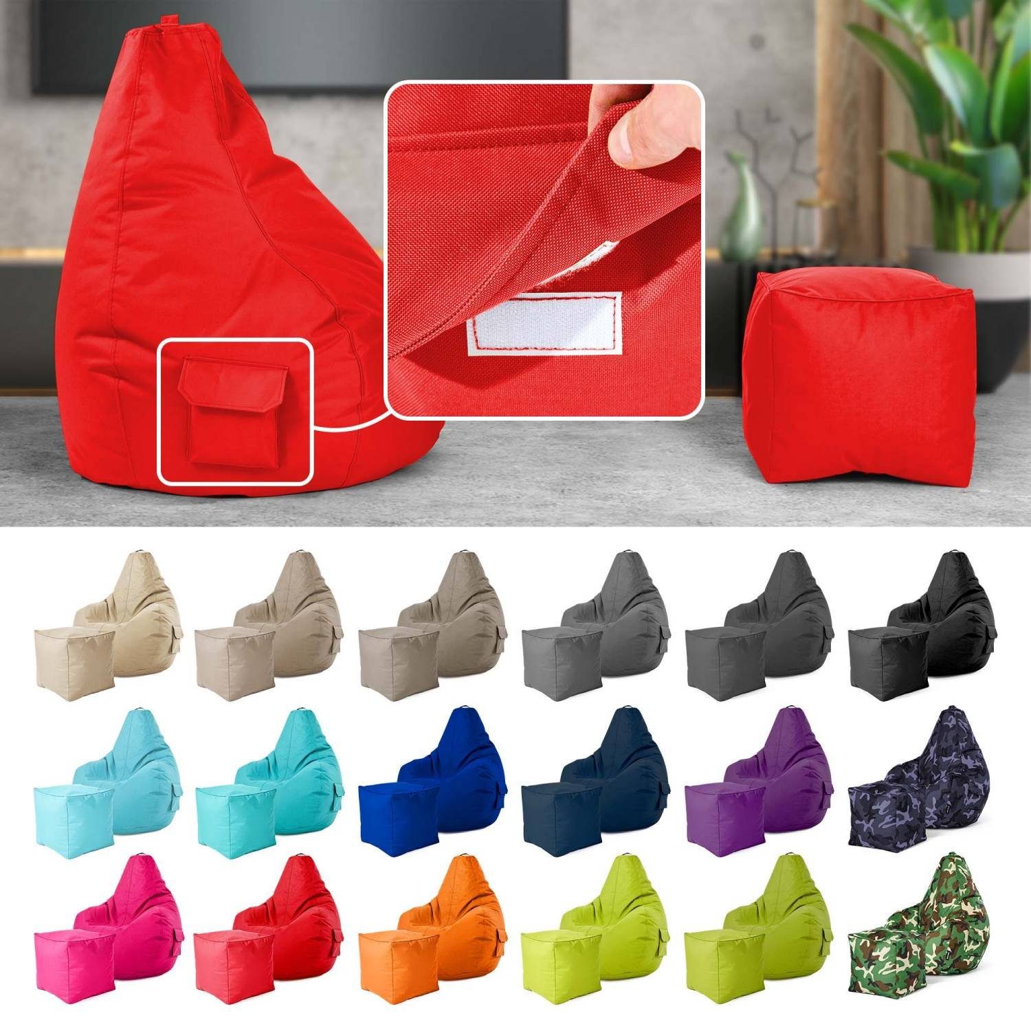 Green Bean Sitzsack Gaming Sitzsack + Hocker Cozy+Cube (2er Set Sitzsack + Hocker - fertig befüllt - robust waschbar schmutzabweisend -, Kinder & Erwachsene Bean Bag Bodenkissen), Lounge Sitzhocker Relax-Sessel Gamer Gamingstuhl Pouf