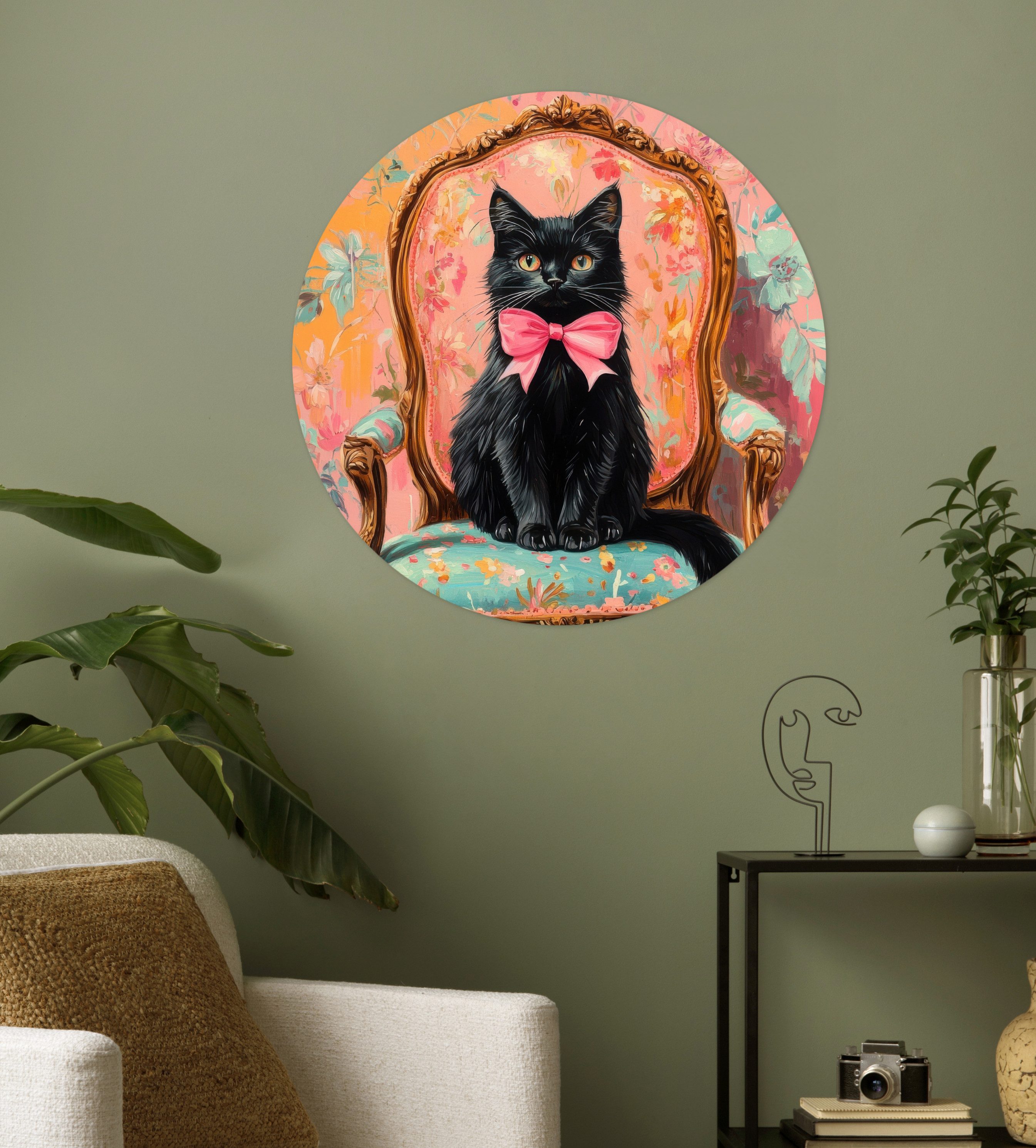 MuchoWow Wandsticker Katze - Rosa - Stuhl mit Blumenmuster (1 St), Tapetensticker Selbstklebend, Wandbild Wohnzimmer, 80x80 cm