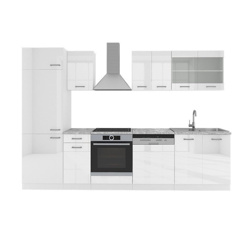 Vicco Küchenzeile R-Line, Weiß Hochglanz/Weiß, 300 cm, AP Marmor