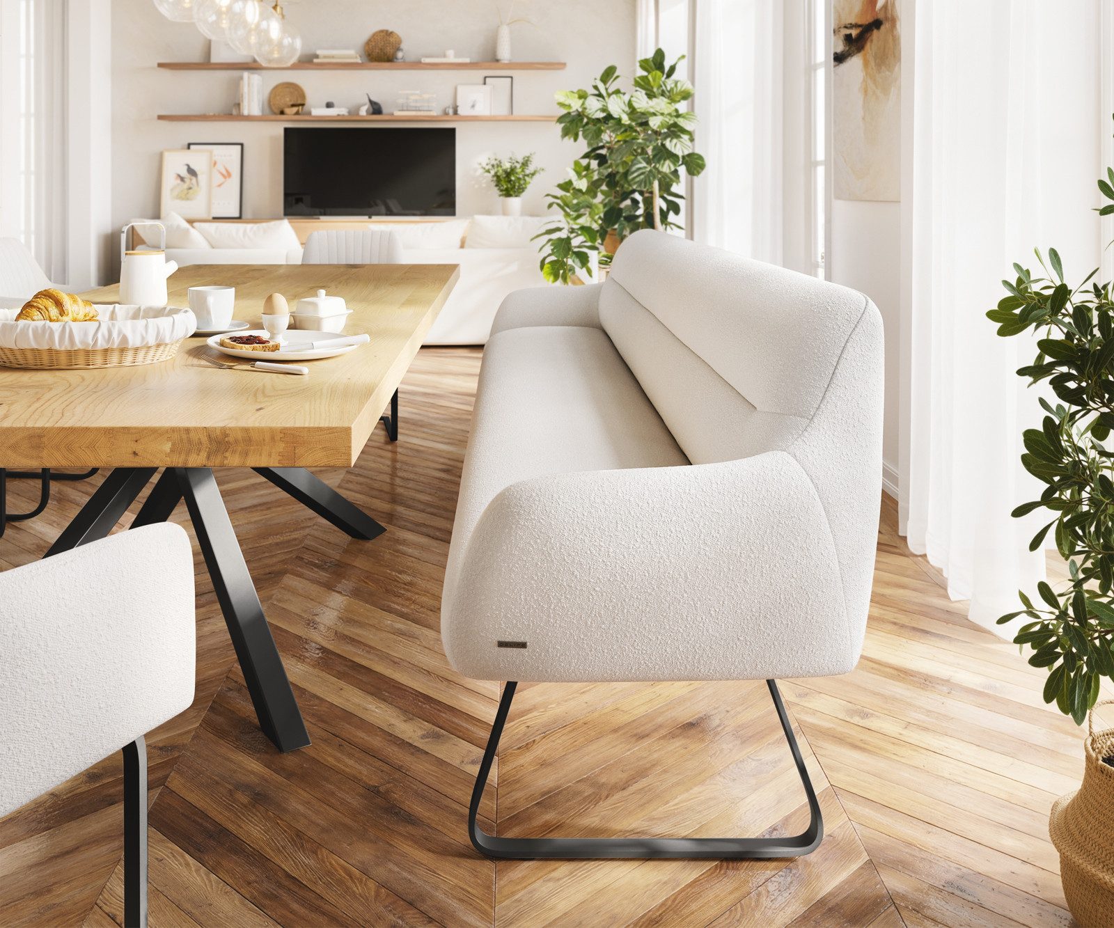 DELIFE Essbank Taya-Flex, 300 cm Kufengestell flach Schwarz Bouclé Creme-Weiß Taschenfederkern E