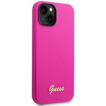 Guess Handyhülle Guess Apple iPhone 14 Hard Case Silicone Vintage Gold Logo Pink