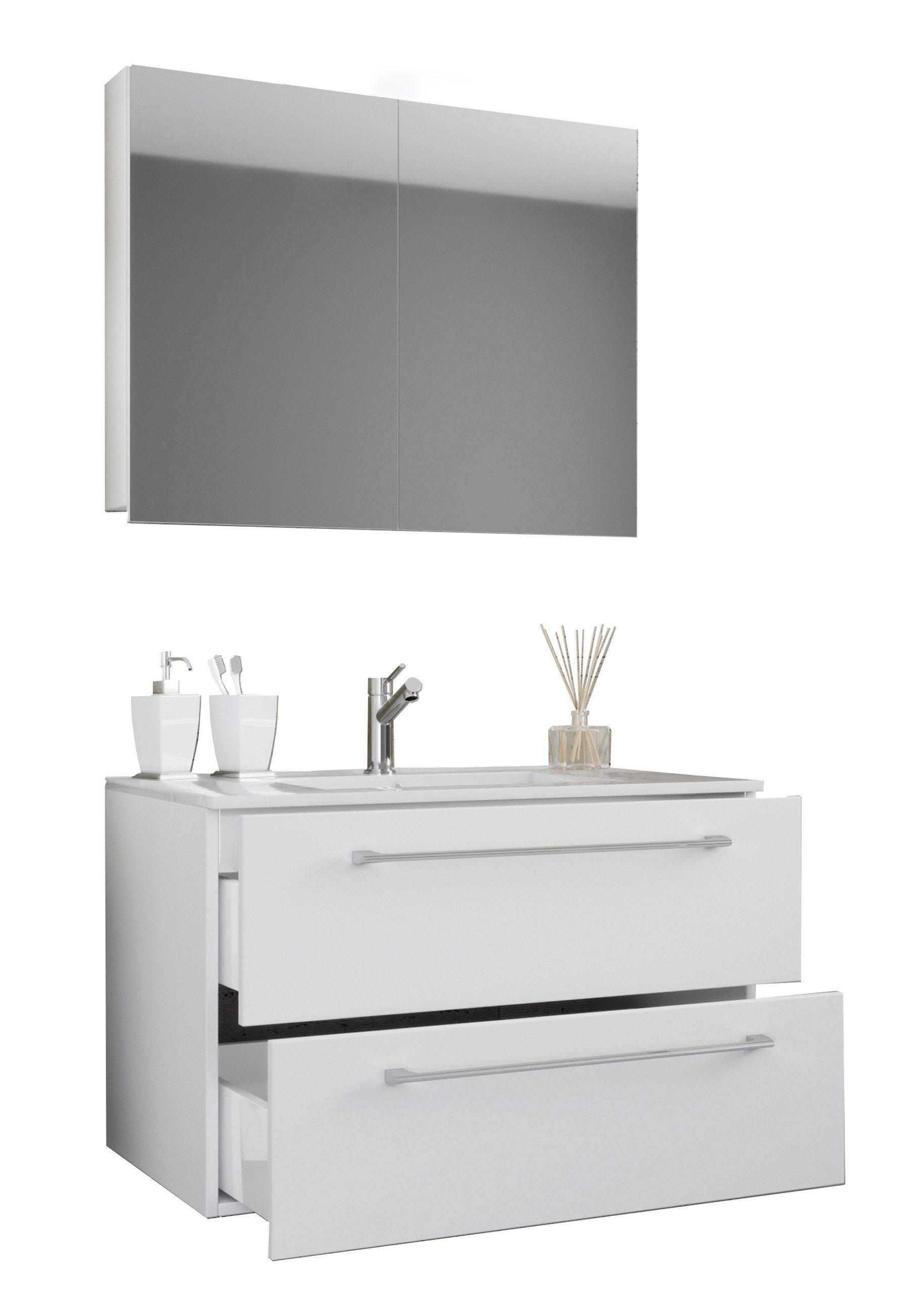 VCM Waschtisch Badinos 111x80x46cm (Set, 3-St., 1x Unterschrank 1x Waschbecken 1x Spiegel), 3-tlg. Waschplatz, Waschbecken Unterschrank Breite 80 cm, Badmöbel