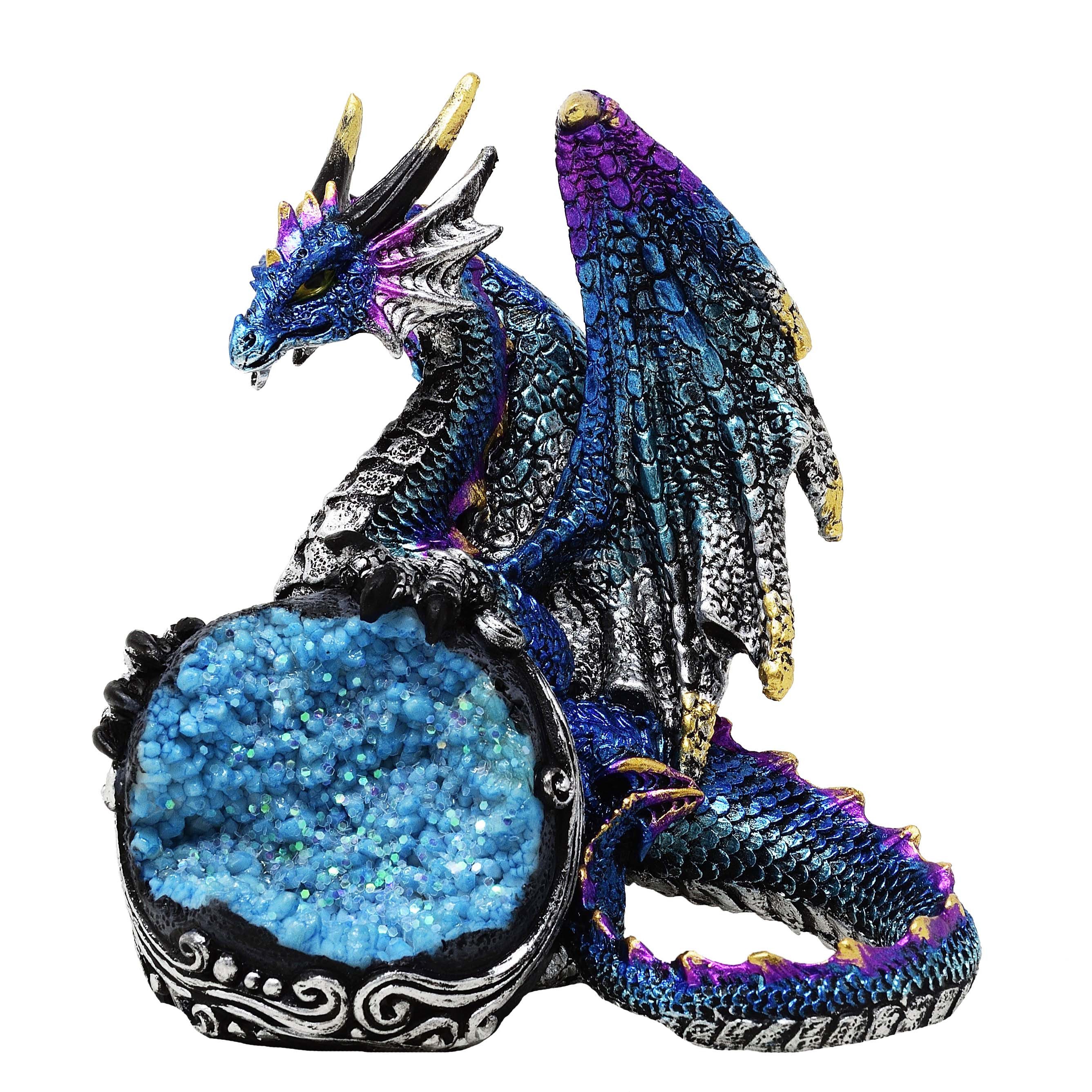 MystiCalls Dekofigur Blauer Drache mit Kristallfels - Beschützer Drache Figur Fantasy (1 St), Perfekt zu jedem Anlass - Geburtstag, Weihnachten