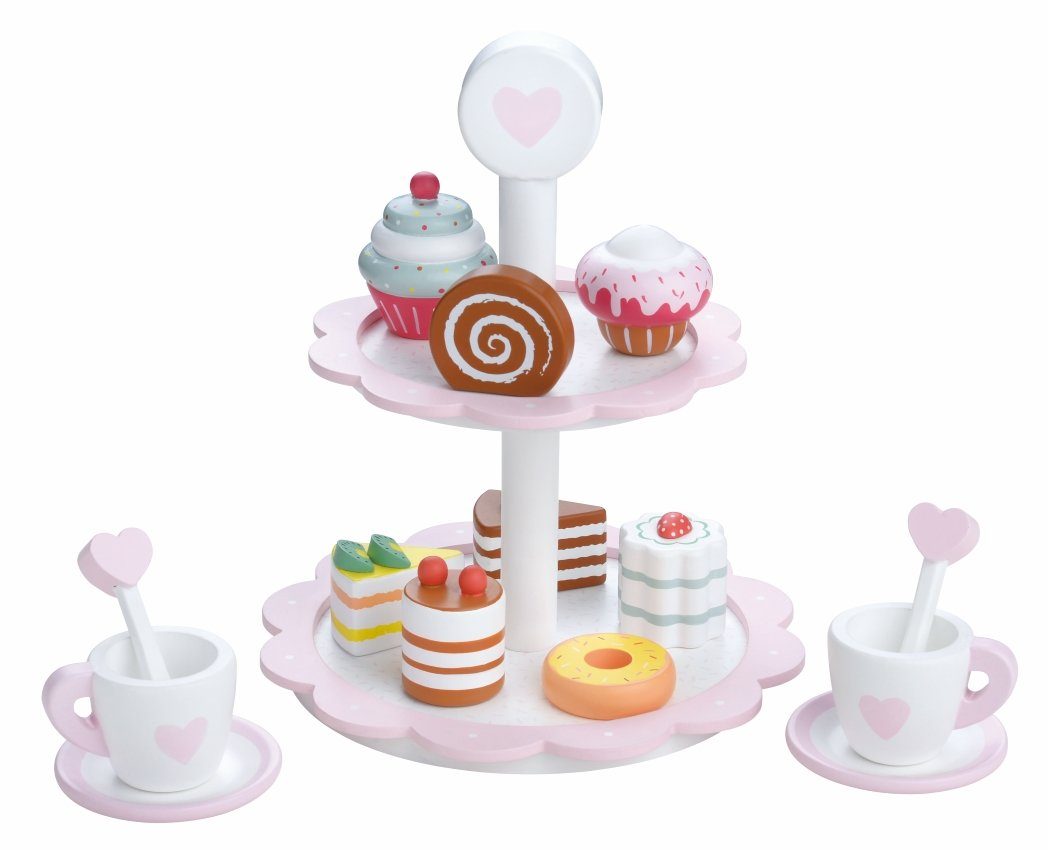 Lelin Lernspielzeug 40197 Holz - Kuchenständer mit Muffins, Kuchen, Donuts. 15 teilig