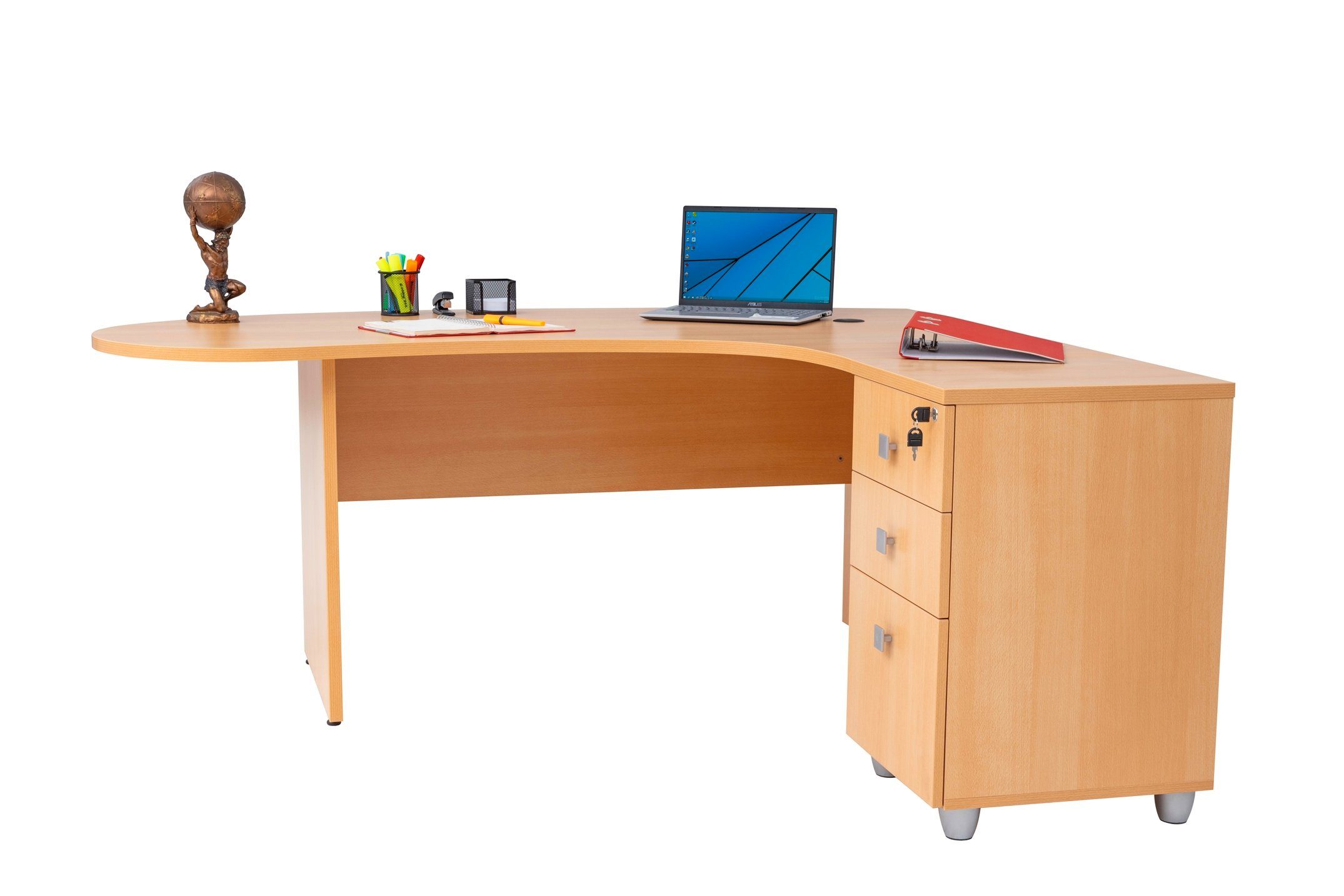 Furni24 Schreibtisch inkl. Beistellcontainer Gela,Holzfuss,Buche,180 Winkelschreibtisch cm