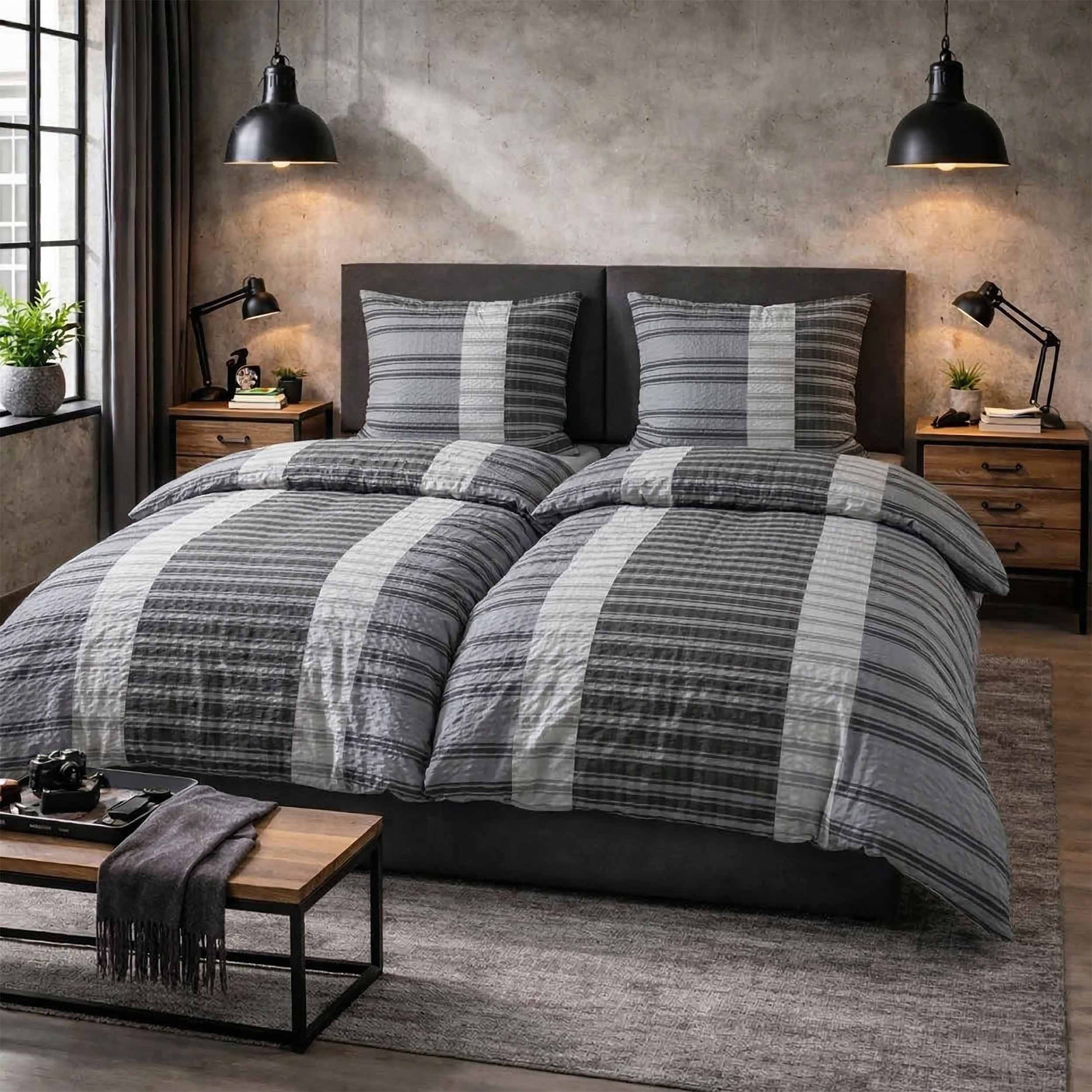 Casa Colori Bettwäsche Seersucker Garnitur 135x200 Reißverschluss Anthrazit Grau Gestreift, Seersucker, 4 teilig, leichte Bettgarnitur perfekt für den Sommer