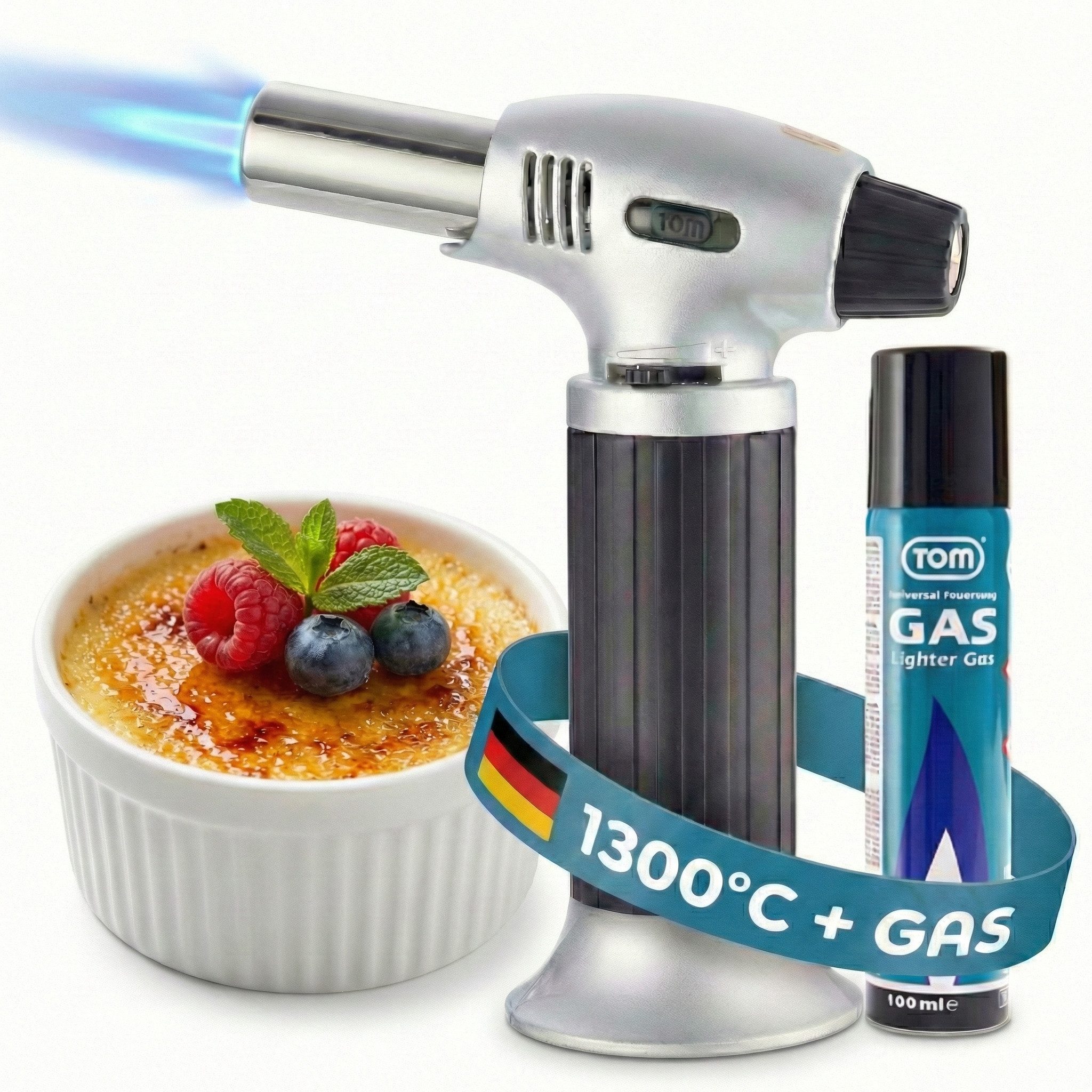 TOM Flambierbrenner Crème Brulée Brenner mit 1 x 100ml Gaskartusche, (2-tlg), 1300°C, Piezozündung