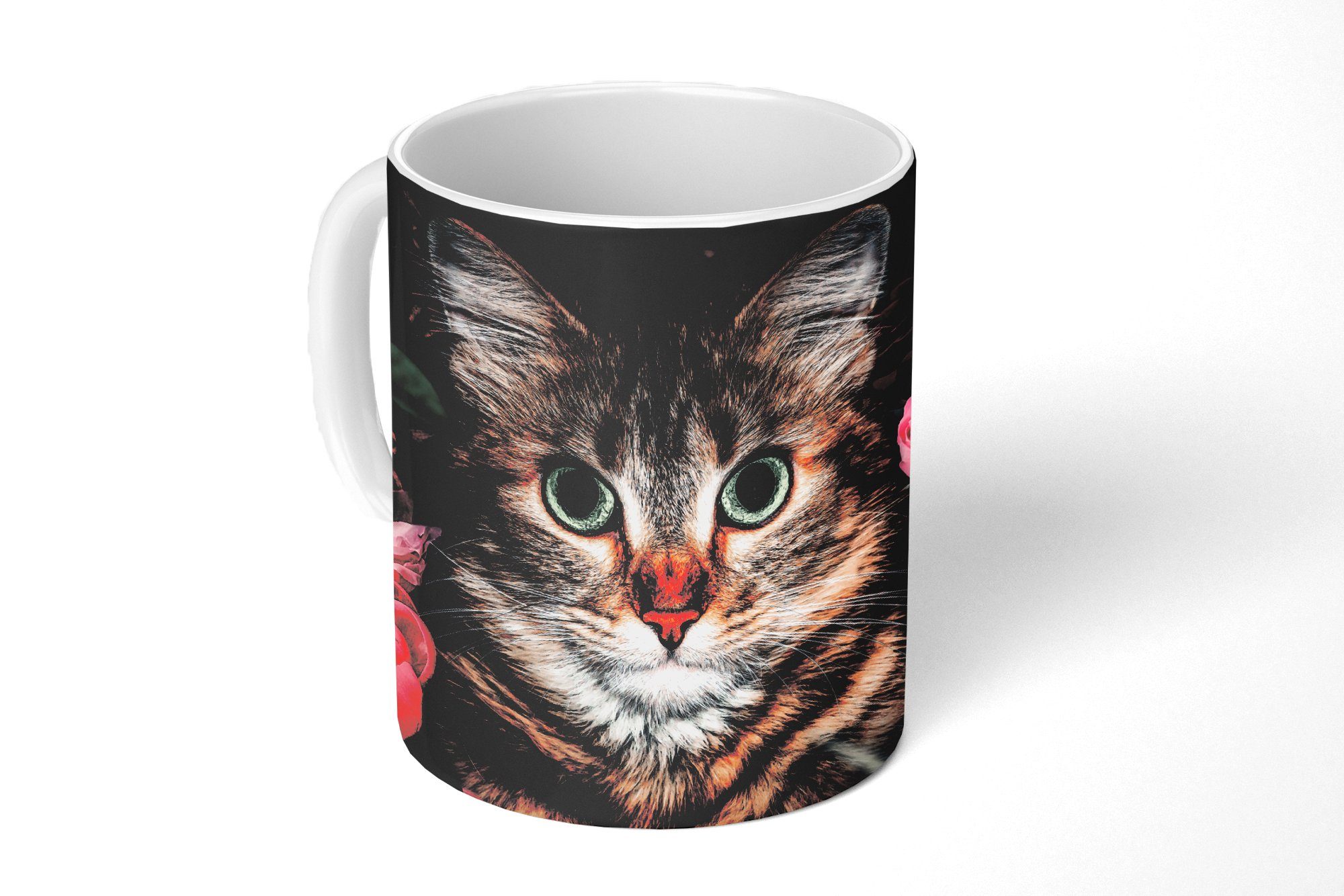 MuchoWow Tasse Katze - Blumen - Tiere - Botanisch, Keramik, Kaffeetassen, Teetasse, Becher, Teetasse, Geschenk