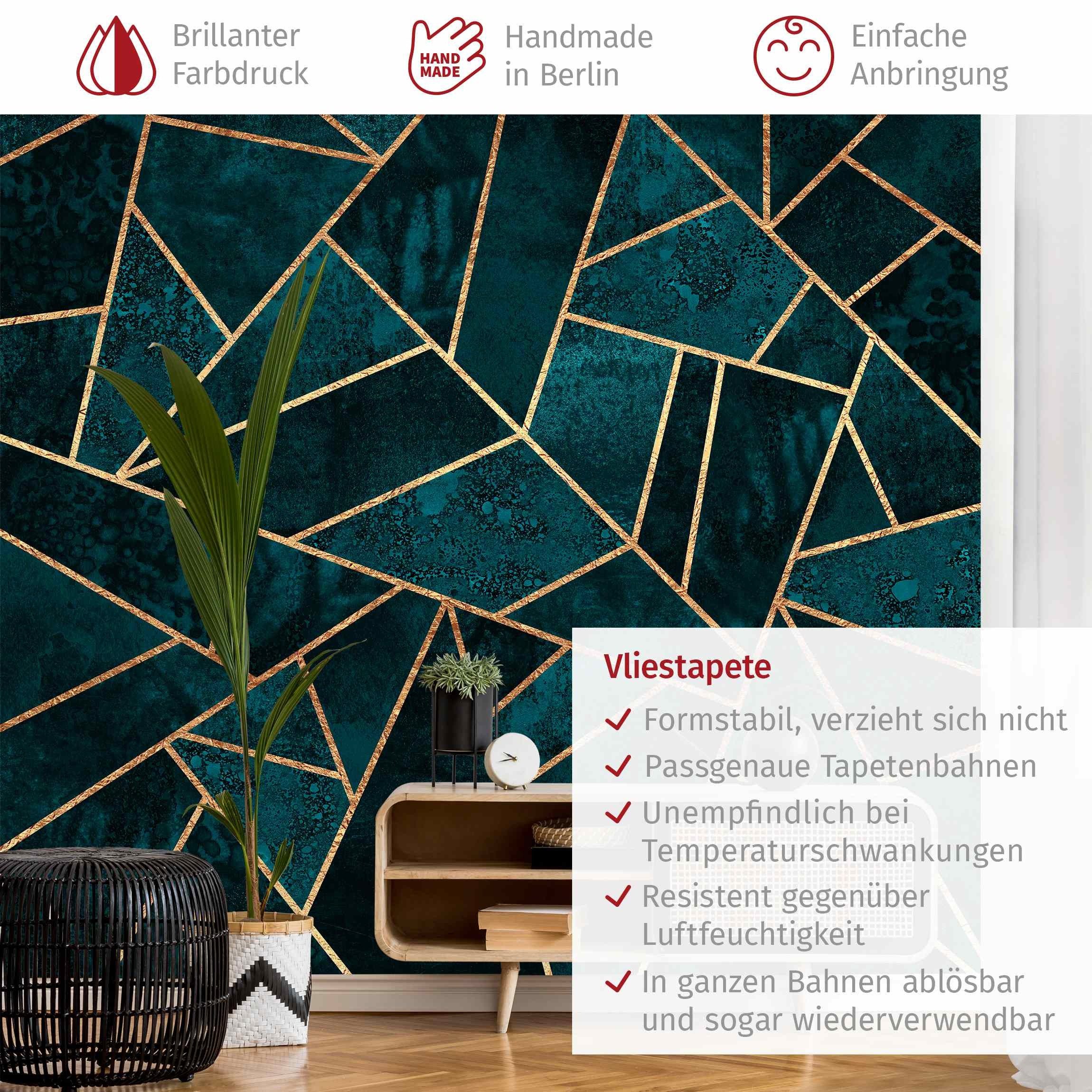 Bilderdepot24 Vliestapete Abstrakt Dunkles Türkis Gold Tapete Wanddeko Modern Kunst, Glatt, Matt, (Vliestapete inkl. Kleister oder selbstklebend), Wohnzimmer Schlafzimmer Küche Flur Fototapete Motivtapete Wandtapete