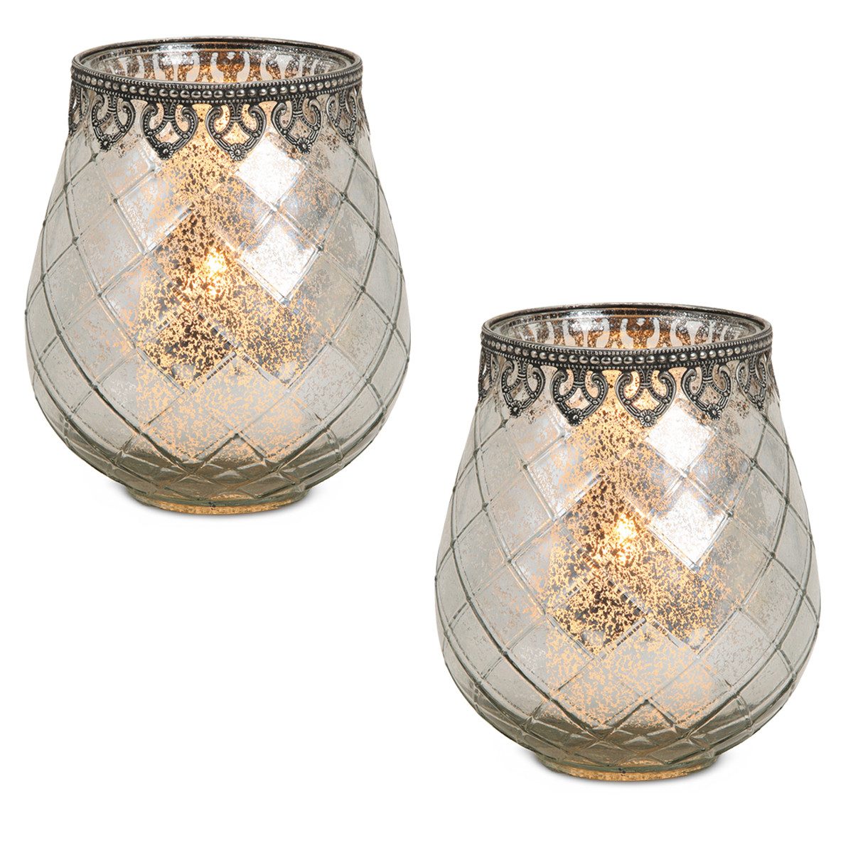 matches21 HOME & HOBBY Kerzenhalter Vintage Kerzengläser Set Outdoor Windlicht Laternen silber 18 cm (2 St), Moderner Glas Teelichthalter als Kerzenständer Tisch-Deko Balkon