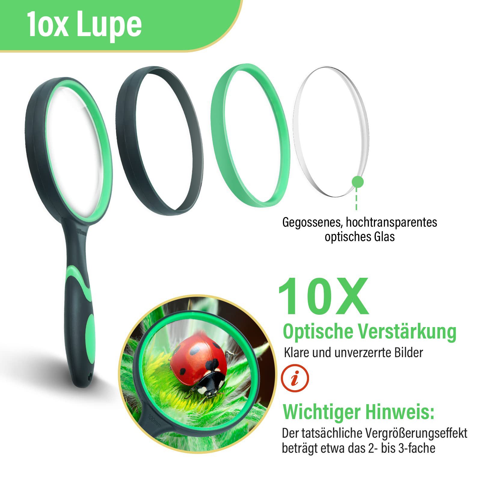 MOPUEA Handlupe Lupe 10 fach 100mm Große HandLupe Leselupe rutschfester Gummigriff, Leselupe Vergrößerungsglas großes Objektiv, erweitertes Sichtfeld, 1-tlg., Robuster, verdickter Rahmen Lesehilfe mit Griff für Senioren Kinder, für Aktivitäten wie Lesen, Naturbeobachtungen, Kunsthandwerk usw.