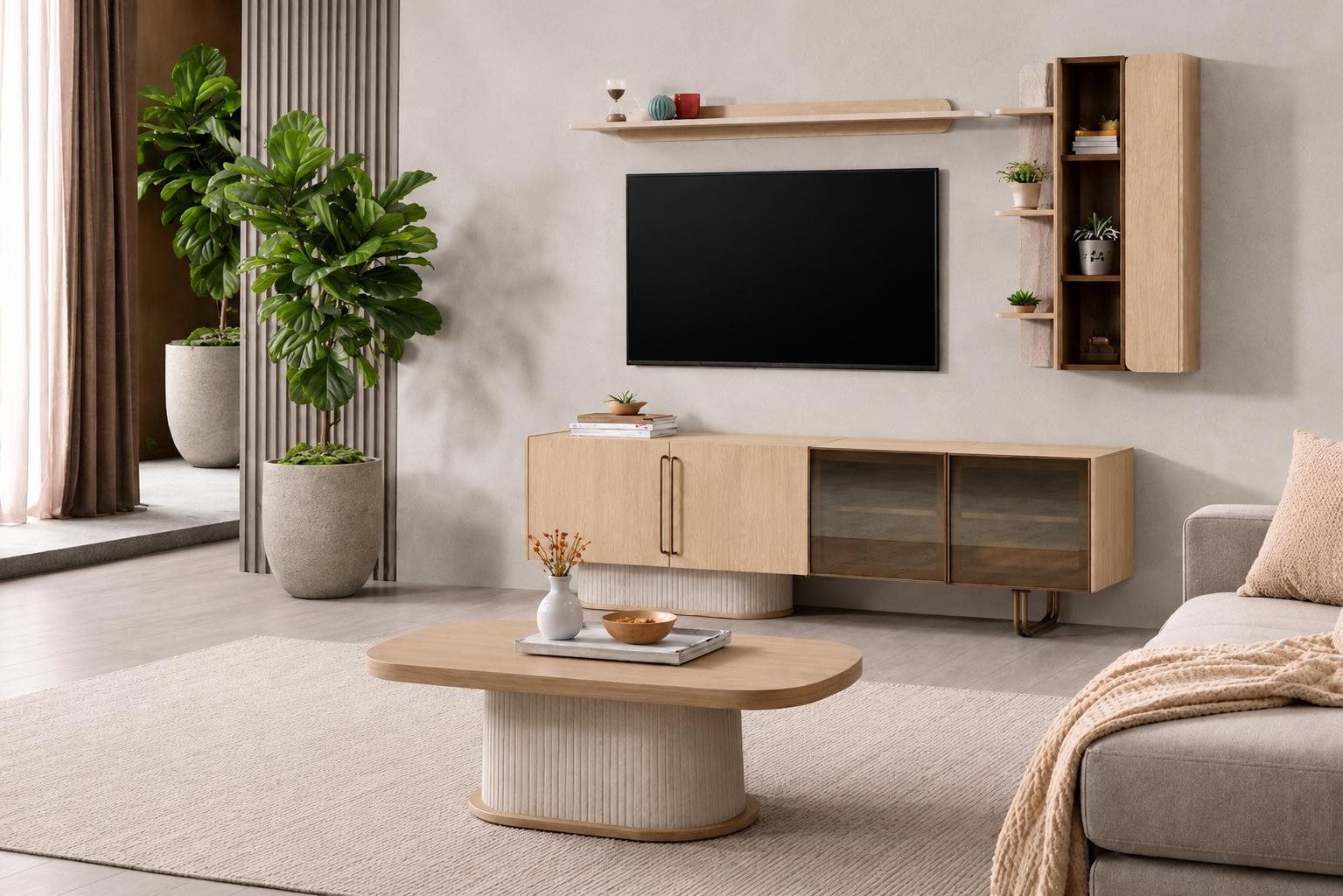 Xlmoebel Wohnwand Beiges TV-Lowboard Set aus Eiche mit Couchtisch und Wandregalen, (4-St), Made in Europa
