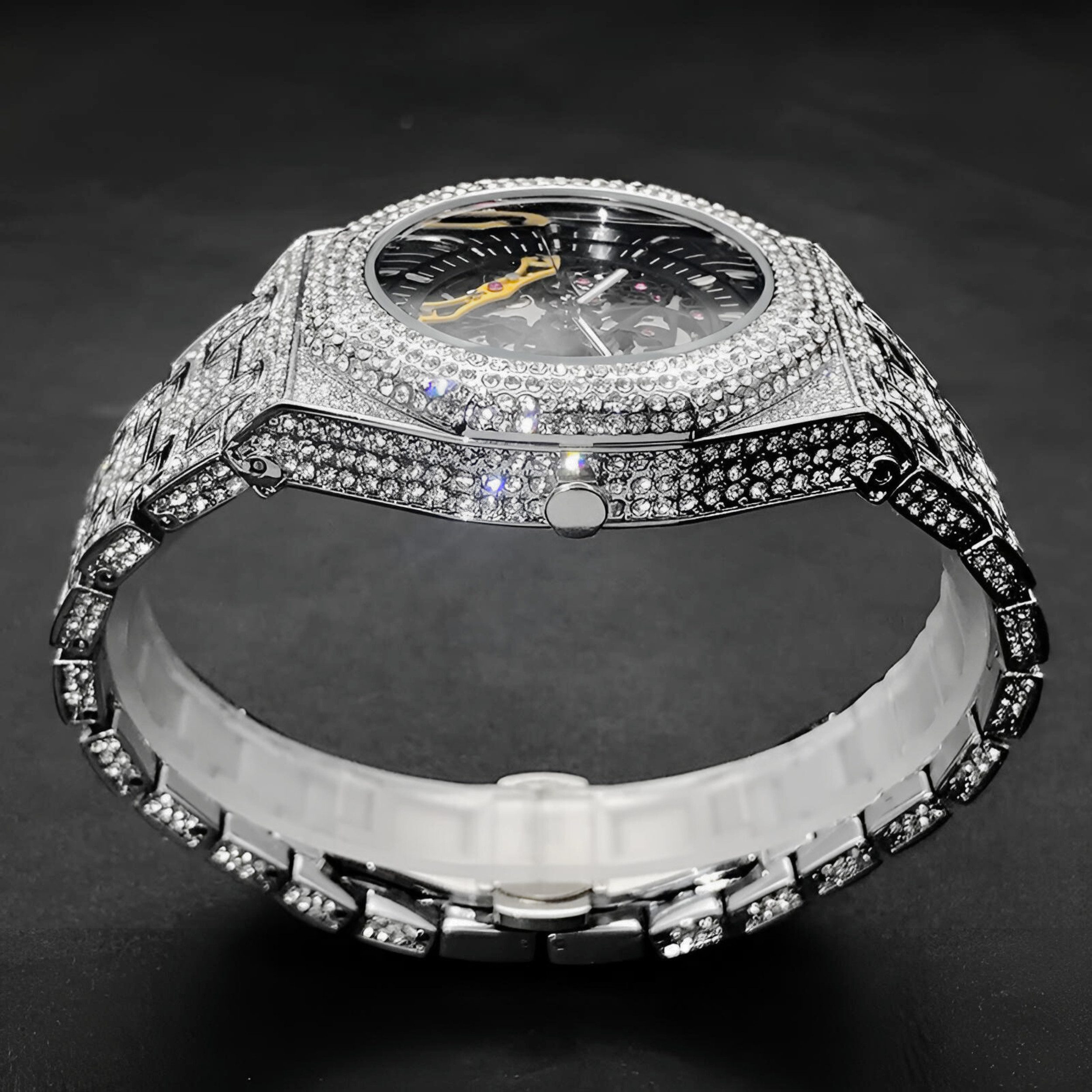 S&T Design Automatikuhr Iced Out Uhr Armbanduhr Herrenuhr Mechanische Skelettuhr, (inkl. Armbandkürzer), Geschenkbox), Achteckig, Edelstahl, Diamantzirkonia, Wasserdicht 3Bar