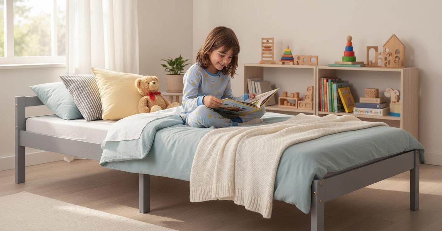 Homestyle4u Palettenbett 90x200 Jugendbett Kinderbett Grau Tagesbett Einzelbett Bettgestell (Set, mit Lattenrost), Kiefer