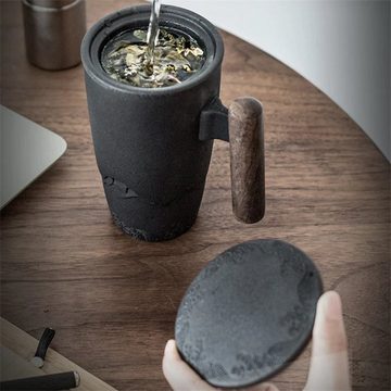 MAVURA Tasse NORDTHAL Teebecher Set Kaffeetasse Teetasse Keramik Tasse mit integriertem Teefilter Holzgriff Mountainblack handgefertigt