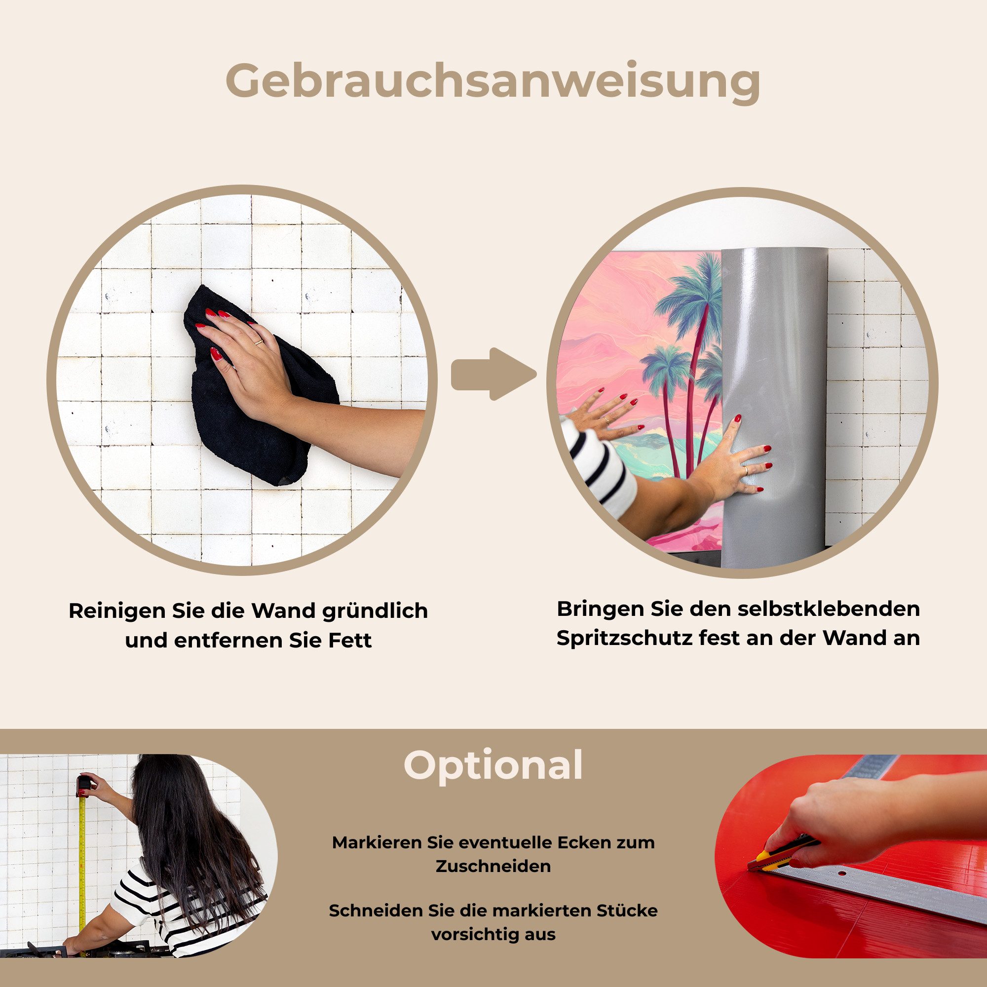 KitchenYeah Küchenrückwand selbstklebend (keine Folie) Palmen - Wellen - Meer, (1-tlg), Spritzschutz Herd Wand, Küchen Deko, 70x30 cm