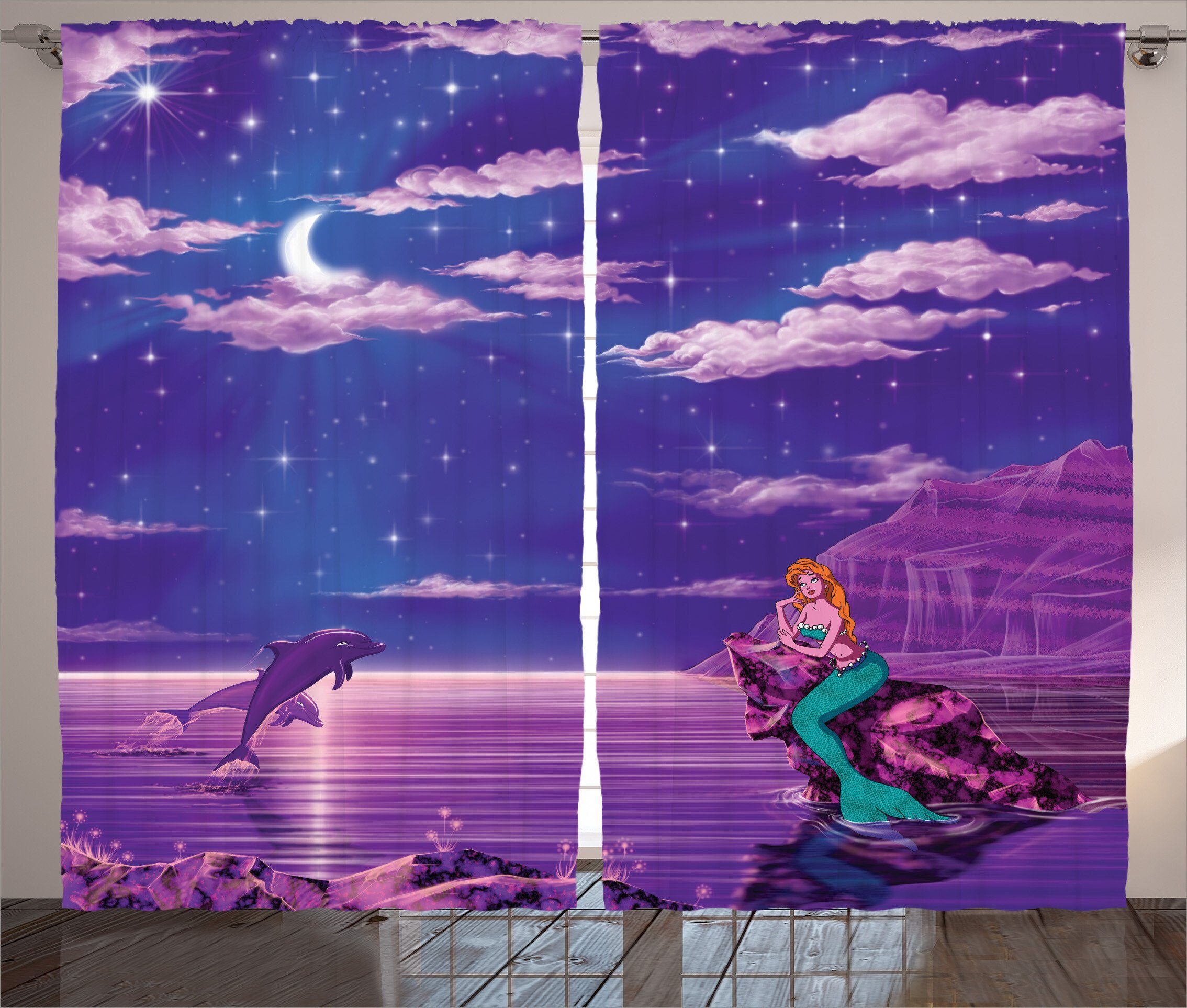 Gardine Schlafzimmer Kräuselband Vorhang mit Schlaufen und Haken, Abakuhaus, Meerjungfrau Cartoon-Stil Dolphins