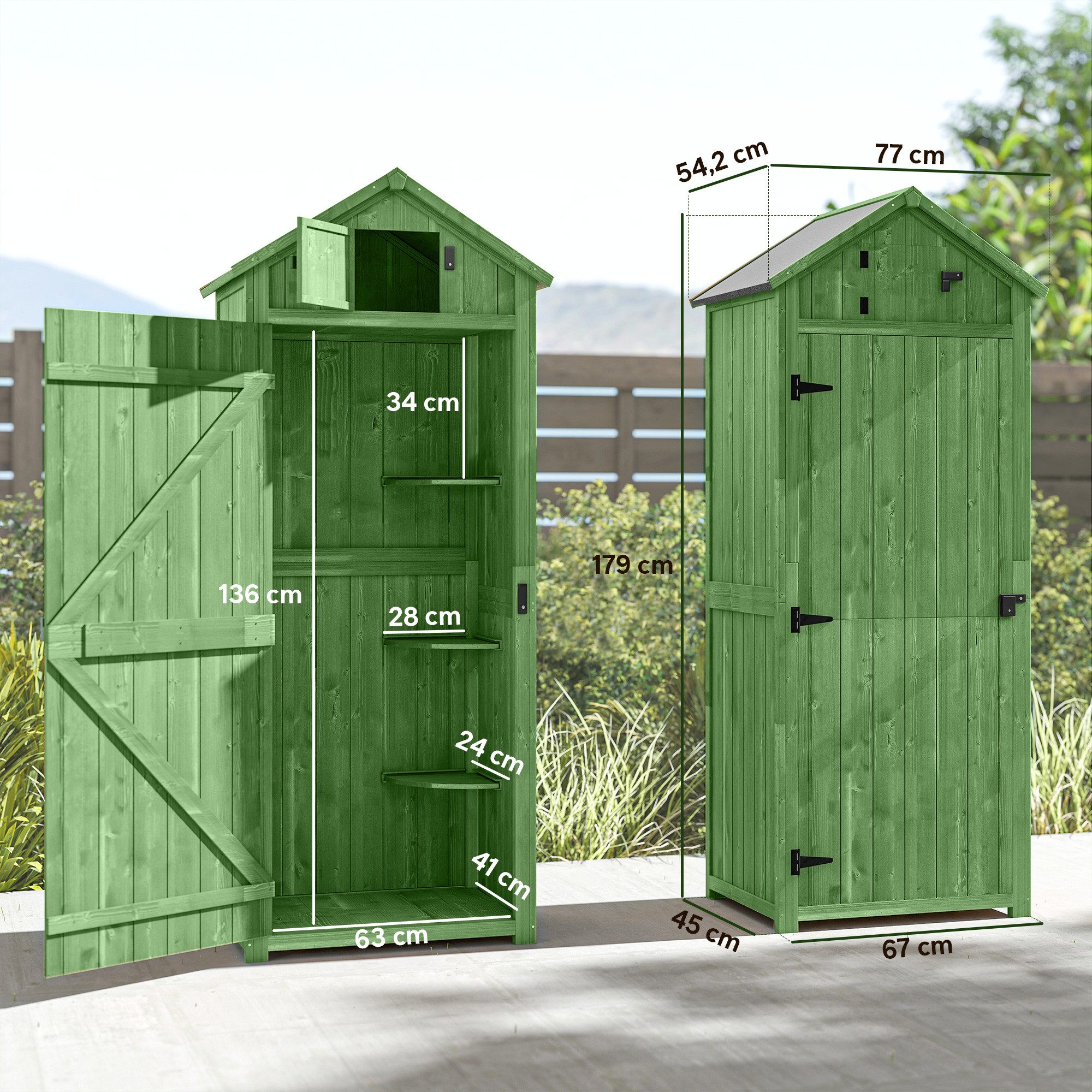 Outsunny Gerätehaus mit 3 abnehmbar Ablage, abschließbar Tür, Asphalt-Satteldach, Fenster, BxT: 77x54.2 cm, (Gartenschrank, 2 St., Geräteschuppen), für Garten Terrasse Grün