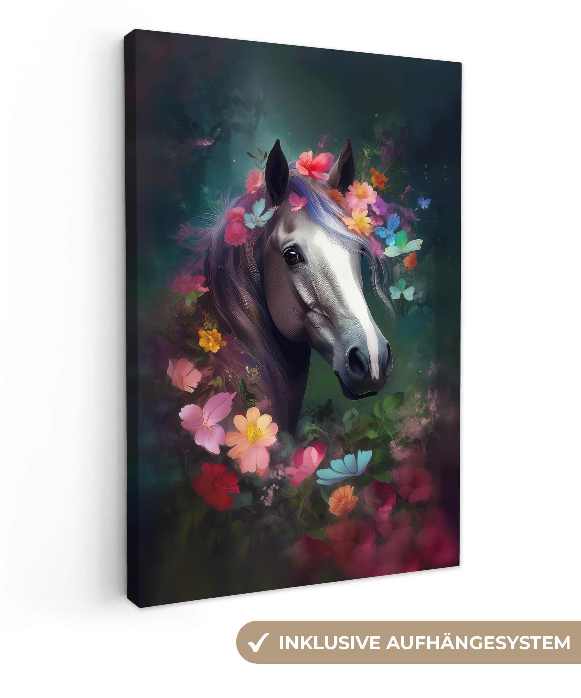 OneMillionCanvasses® Leinwandbild Pferd - Natur - Blumen - Wald - Tiere, Fotodruck (1 St), Leinwand Canvas Wandbild, Wanddekoration 20x30 cm