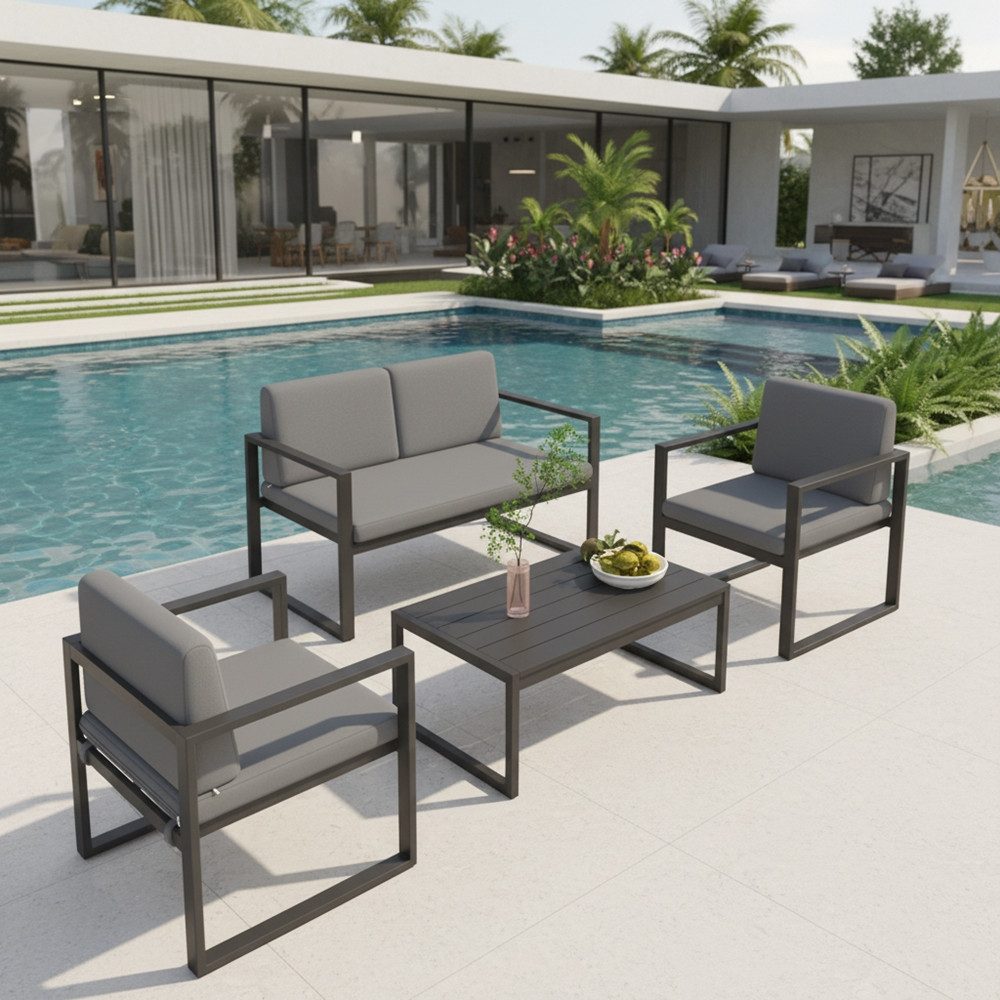 Melko Sitzgruppe Sitzgarnitur Aluminium Gartenset wetterfest Essgruppe Grau Lounge, (Set, 4-tlg., Möbelset bestehend aus 2er Sitzer Sofa, 2 Sessel und Beistelltisch), wasserabweisende Kissen mit Bändern zum Befestigen am Sessel