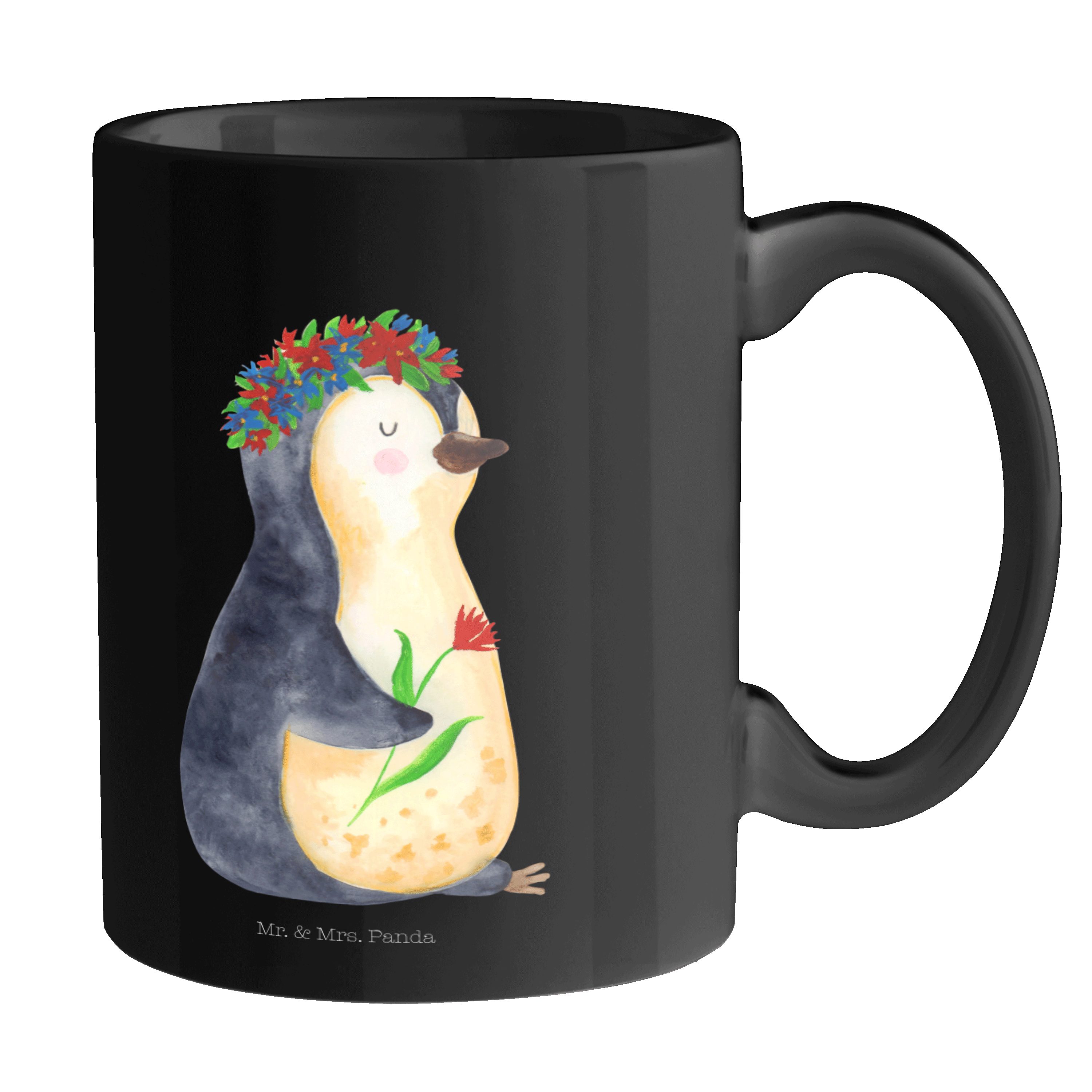 Pinguin Schwarz Selbstliebe, - - Panda & Tasse Keramik Mrs. Mr. Schwarz Kaffeebecher, Blumenkranz Geschenk,