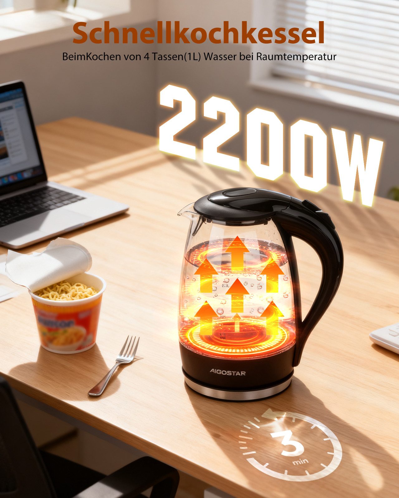 Aigostar Wasserkocher Glas mit Kalkfilter, Glaswasserkocher LED-Beleuchtung, 100% BPA Frei, 1.7 l, 2200,00 W, 360° Edelstahl Sockel, Trockenaufschutz