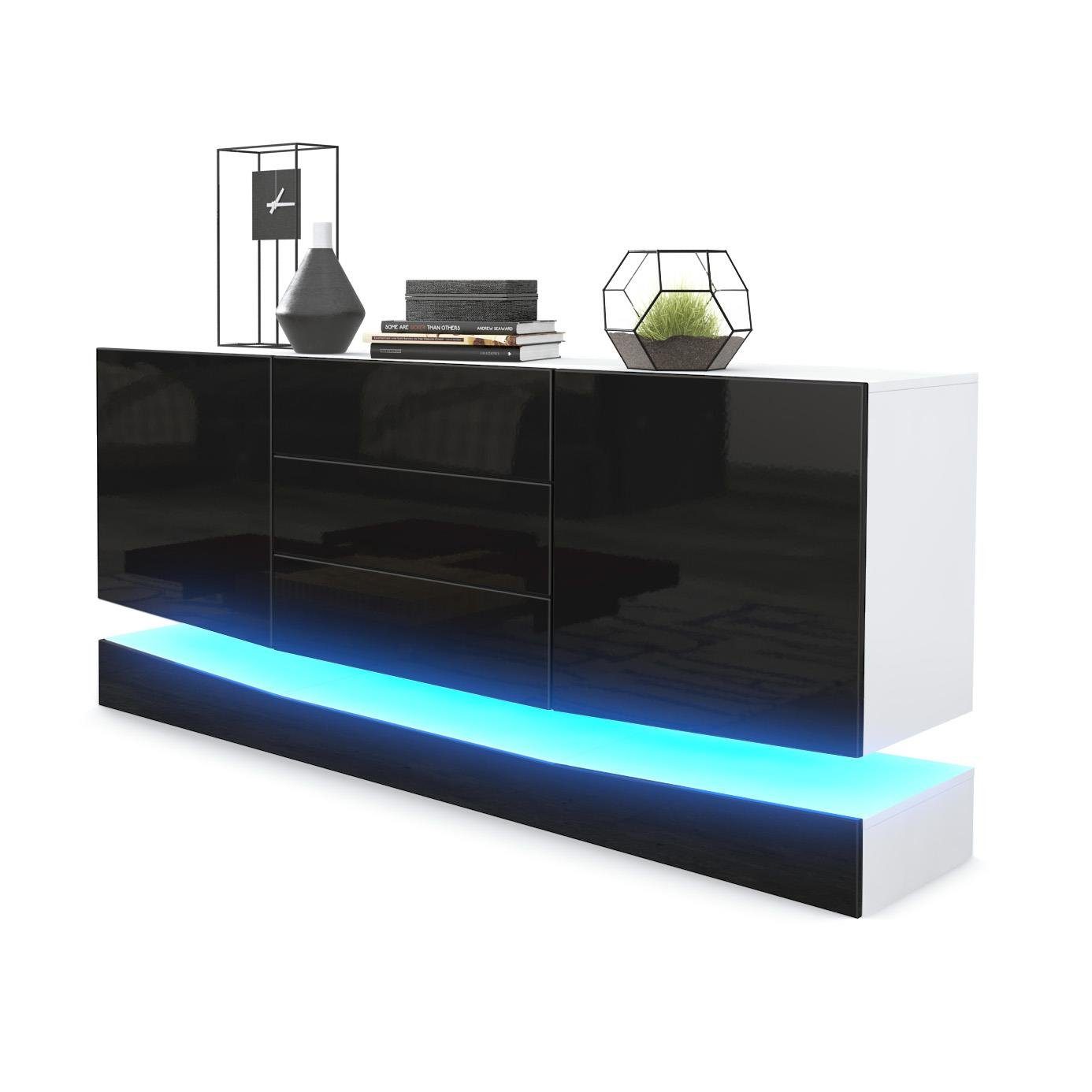 Vladon Sideboard City (Kommode mit 2 Türen, und 3 Schubladen inkl. LED-Beleuchtung), Weiß matt/Schwarz Hochglanz (178 x 72 x 38 cm)