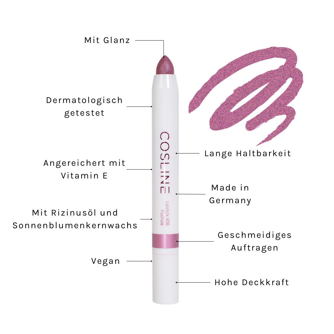 Cosline Cosmetics Lippenstift langanhaltend, pflegend, cremige Textur, mit natürlichen Inhaltsstoffen, Made in Germany