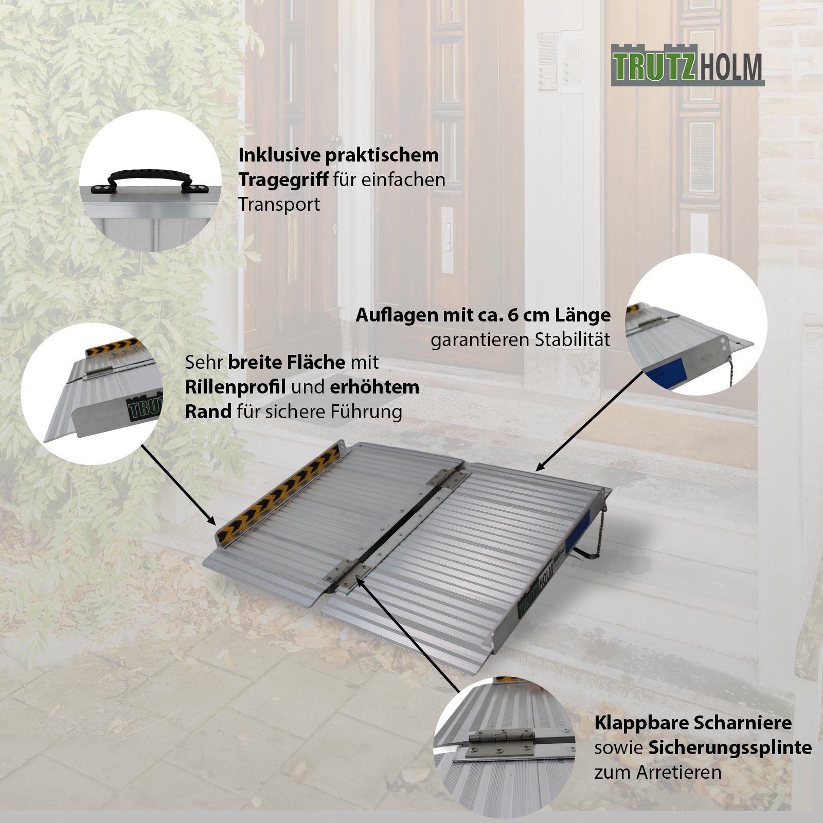 TRUTZHOLM Auffahrrampe Rollstuhlrampe klappbar 61cm Traglast 272 kg Alu grau geriffelt Rampe (1-St), Geriffelte Oberfläche, mit praktischem Tragegriff – Bild 5 von 5