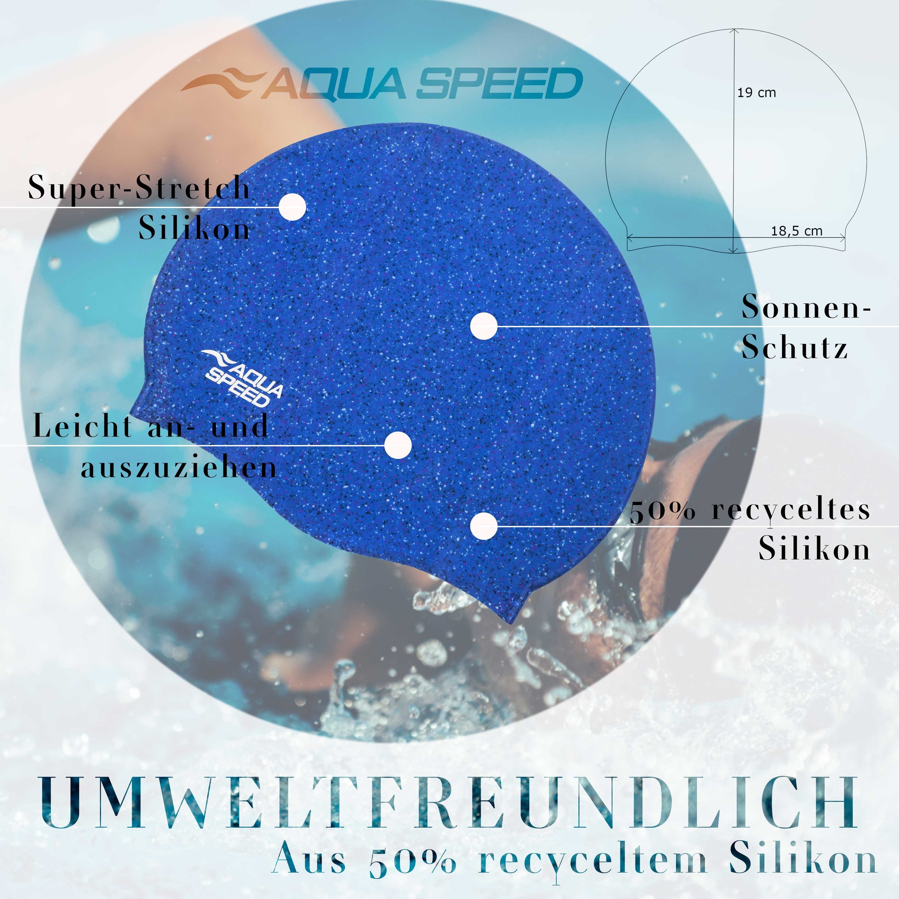 Aqua Speed Badekappe Badehaube aus 50% recyceltem Silikon – Nachhaltig & dehnbar (Hautfreundliche Badehaube für Training, Pool & Wettkampf), Leichtes & elastisches Silikon – Perfekter Sitz beim Schwimmen