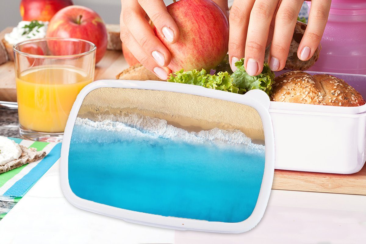 Strand Brotdose, weiß für Kinder und - Wasser (2-tlg), Brotbox Lunchbox MuchoWow Jungs für Erwachsene, Blau, Mädchen Kunststoff, und -