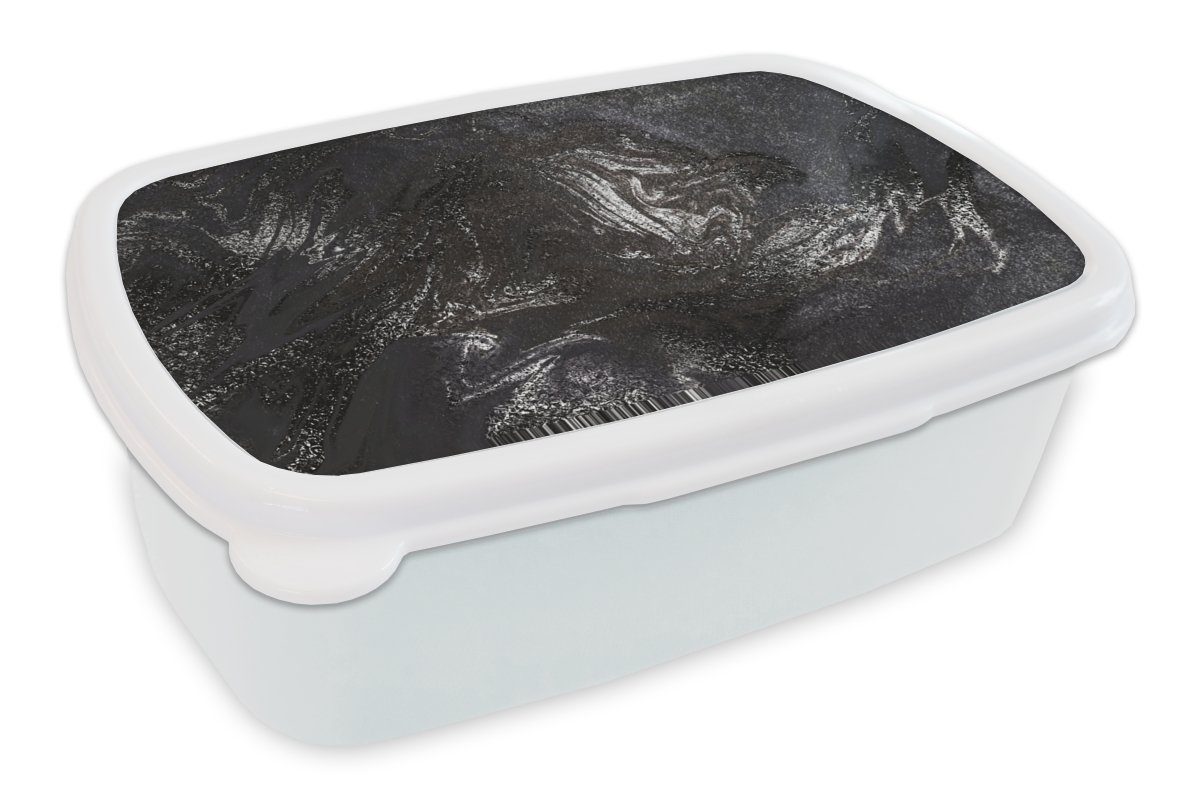 MuchoWow Lunchbox Marmor - Steine - Schwarz, Kunststoff, (2-tlg), Brotbox für Kinder und Erwachsene, Brotdose, für Jungs und Mädchen weiß