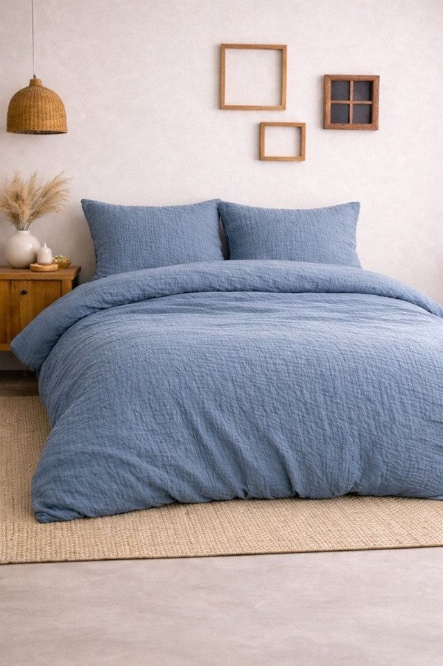 Sandiik Bettwäsche Musselin Bettwäsche in Blaugrau aus Biobaumwolle, Biobaumwolle, mit Reißverschluss aus 100% Bio-Baumwolle