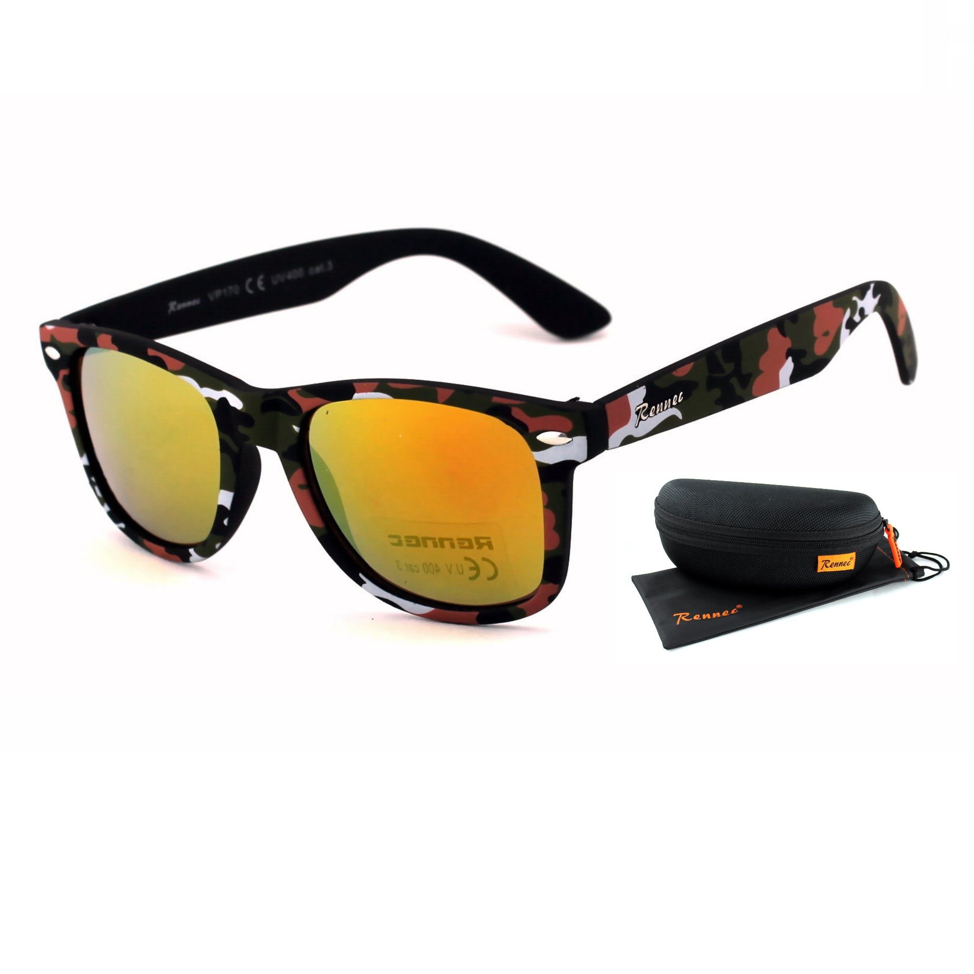 Rennec Sonnenbrille Herren Damen Retro Brille Tarnfarben Nerdbrille UV400 (Markenbrille in Camoflage mit schwimmfähiger Brillenbox) Gläser Verspiegelt, Glasfarben Silber, Türkis, Orange, Grün Blau