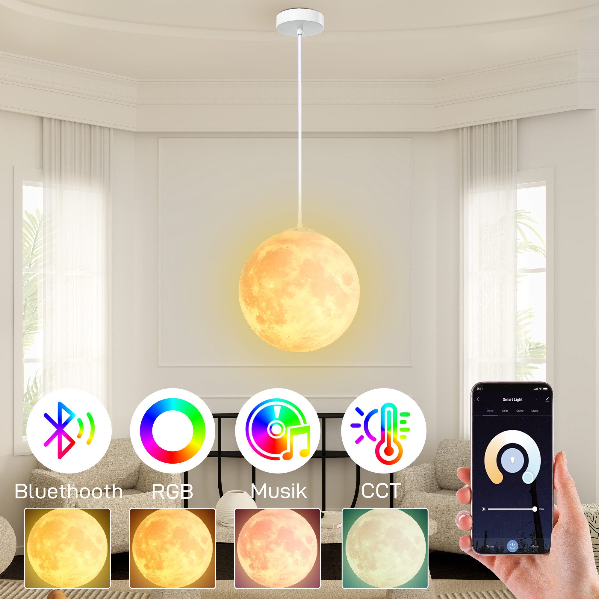 HOMCOM Pendelleuchte 3D Mondlampe mit APP Steuerung, Intelligente LED-Glühbirne, Deckenlampe mit CCT und RGB Farbwechsel