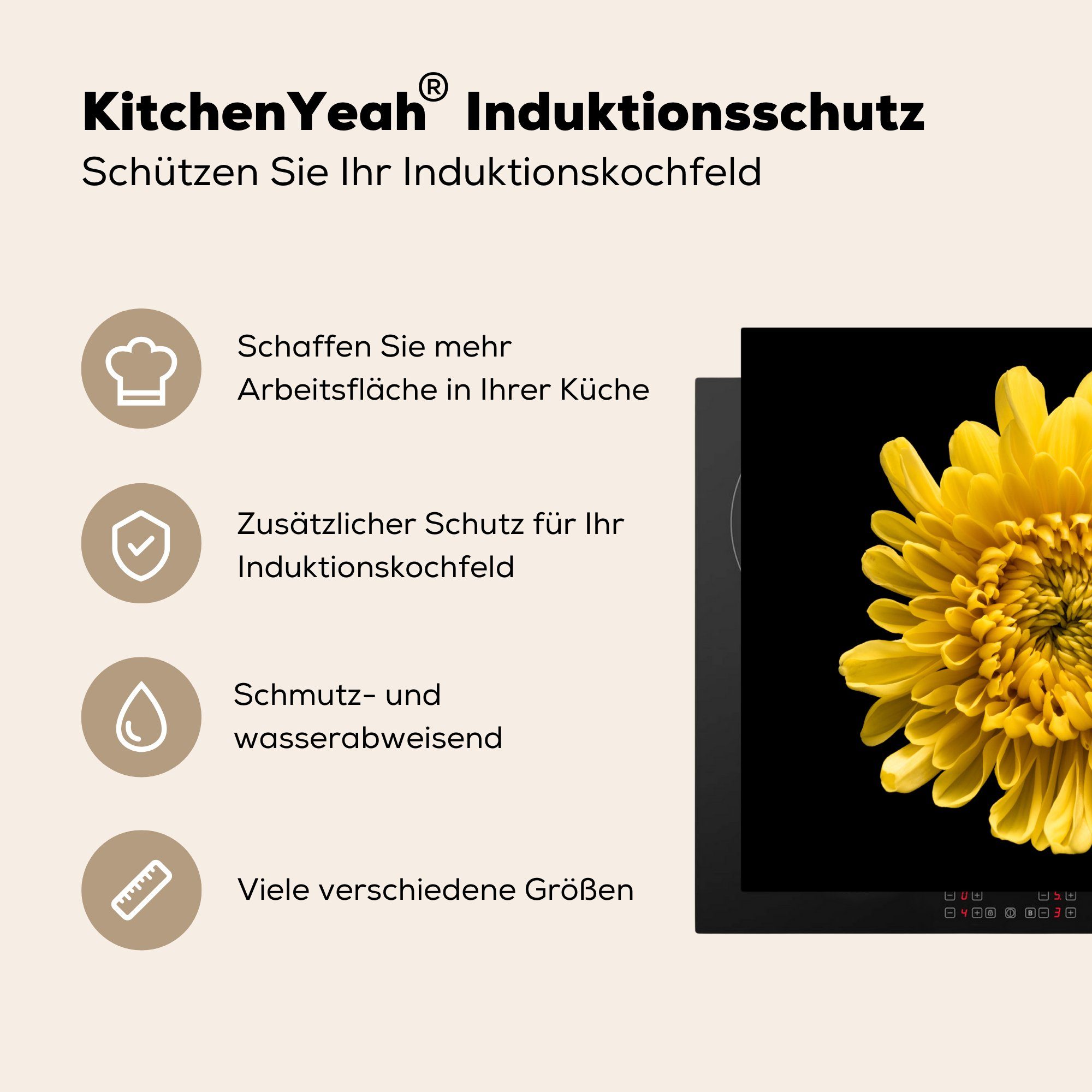 MuchoWow Vinyl, die Herdblende-/Abdeckplatte - Ceranfeldabdeckung (1 59x52 cm, - Gelb, Blume Chrysantheme für Induktionsmatte tlg), küche,
