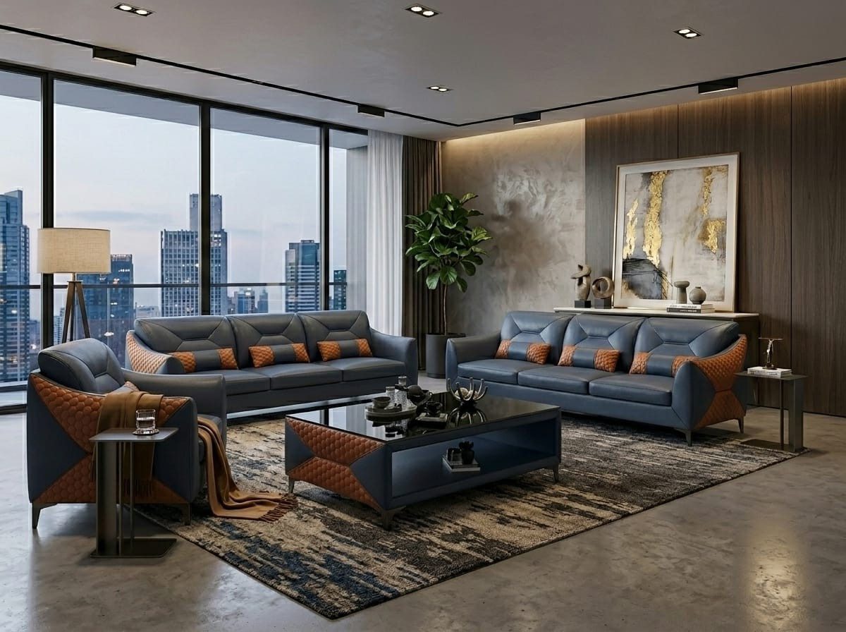 Xlmoebel Wohnlandschaft Modernes blaues Leder-Sofa Set 3-teilige Garnitur für Ihr Zuhause, 3 Teile, Made in Europa