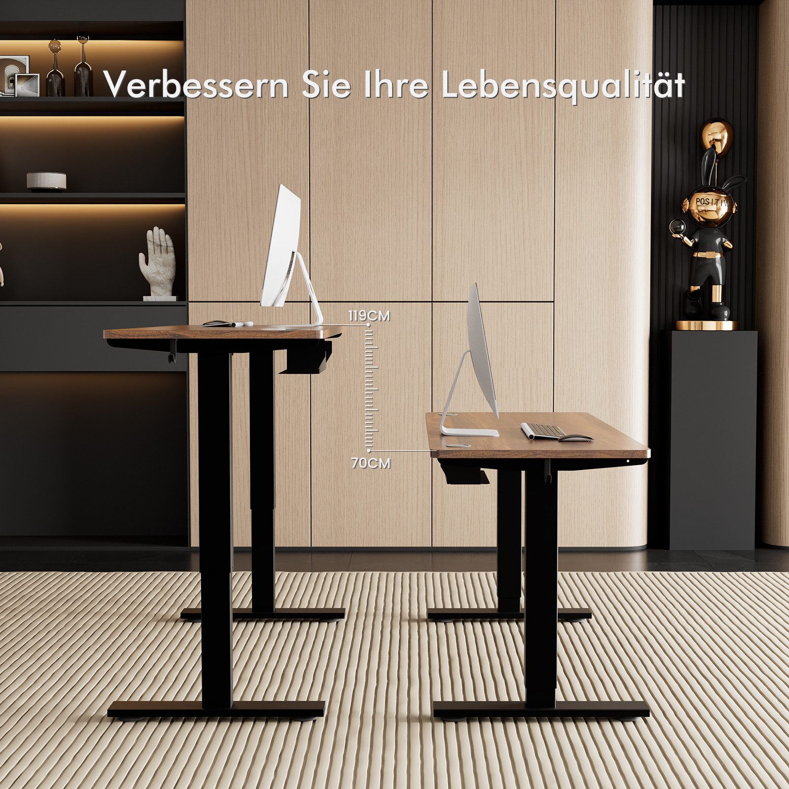 HOMAVO Schreibtisch Höhenverstellbarer schreibtisch mit Memory- und Rebound-Funktion (Sitz-Steh-Erinnerung), inkl. Kabelwanne & USB/Typ-C-Anschlüssen, Tischplatte 18 mm