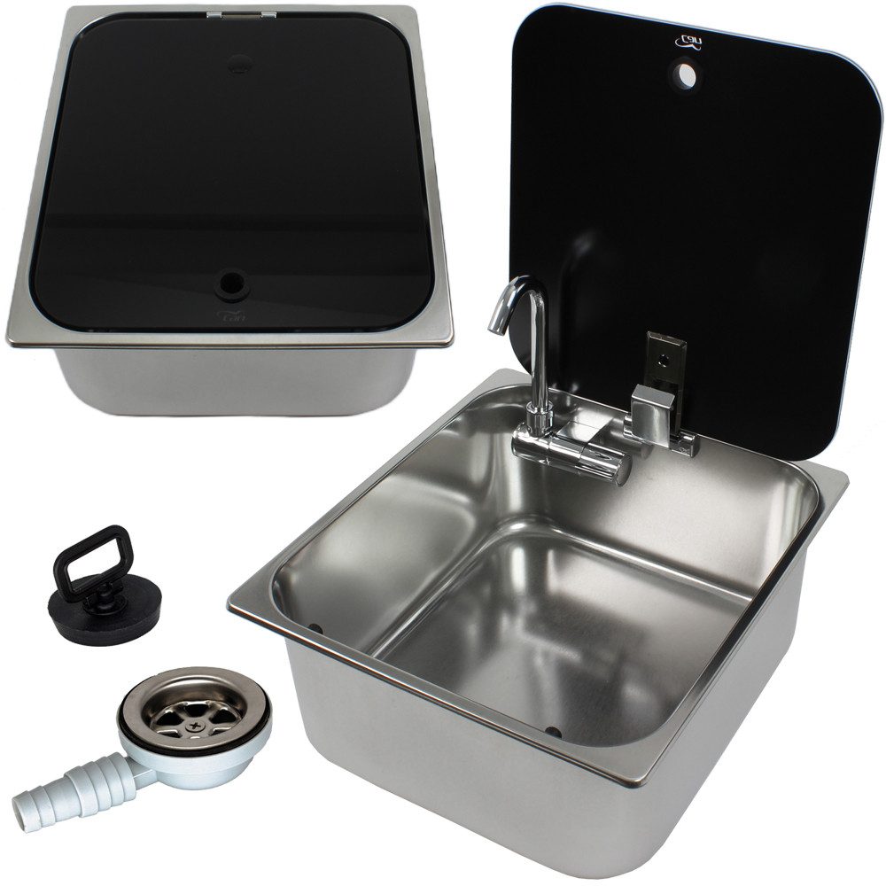 Canù Waschbecken Edelstahl VA Waschbecken Spüle mit Wasserhahn + Abfluss + Glasdeckel