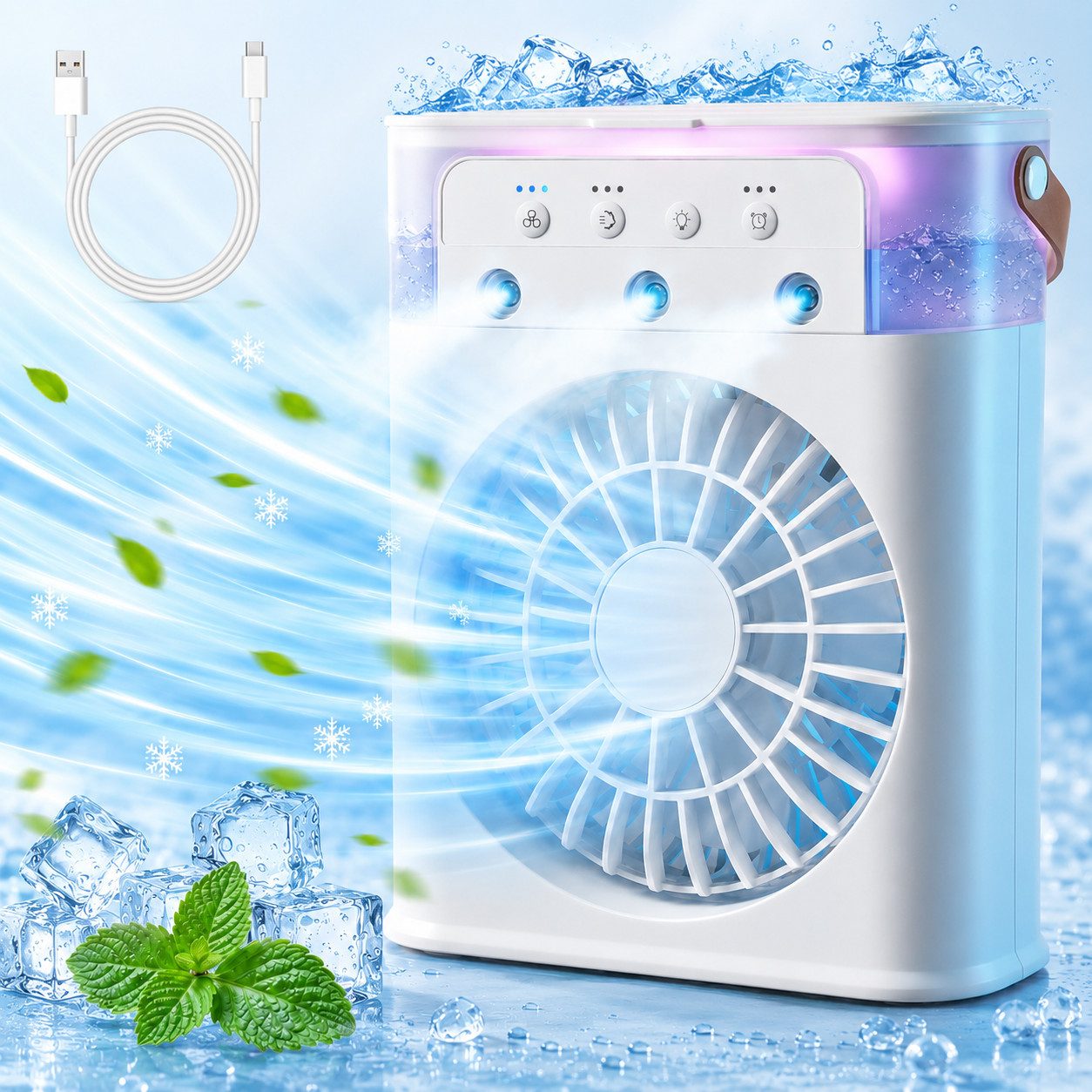 MOPUEA Ventilatorkombigerät Tragbarer Mini Luftkühler mit 600 ml Wassertank 2 Sprühmodi, 3 Geschwindigkeitsstufen 7 LED Farben Timer für Schlafzimmer und Büro