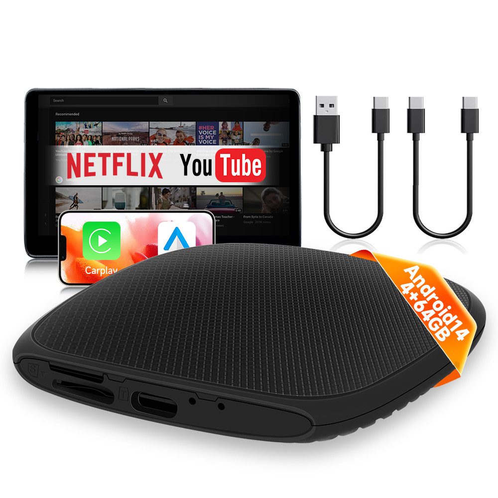 Android 14 Auto AI Box–Wireless CarPlay/Android Auto 4GB+64GB Adapter