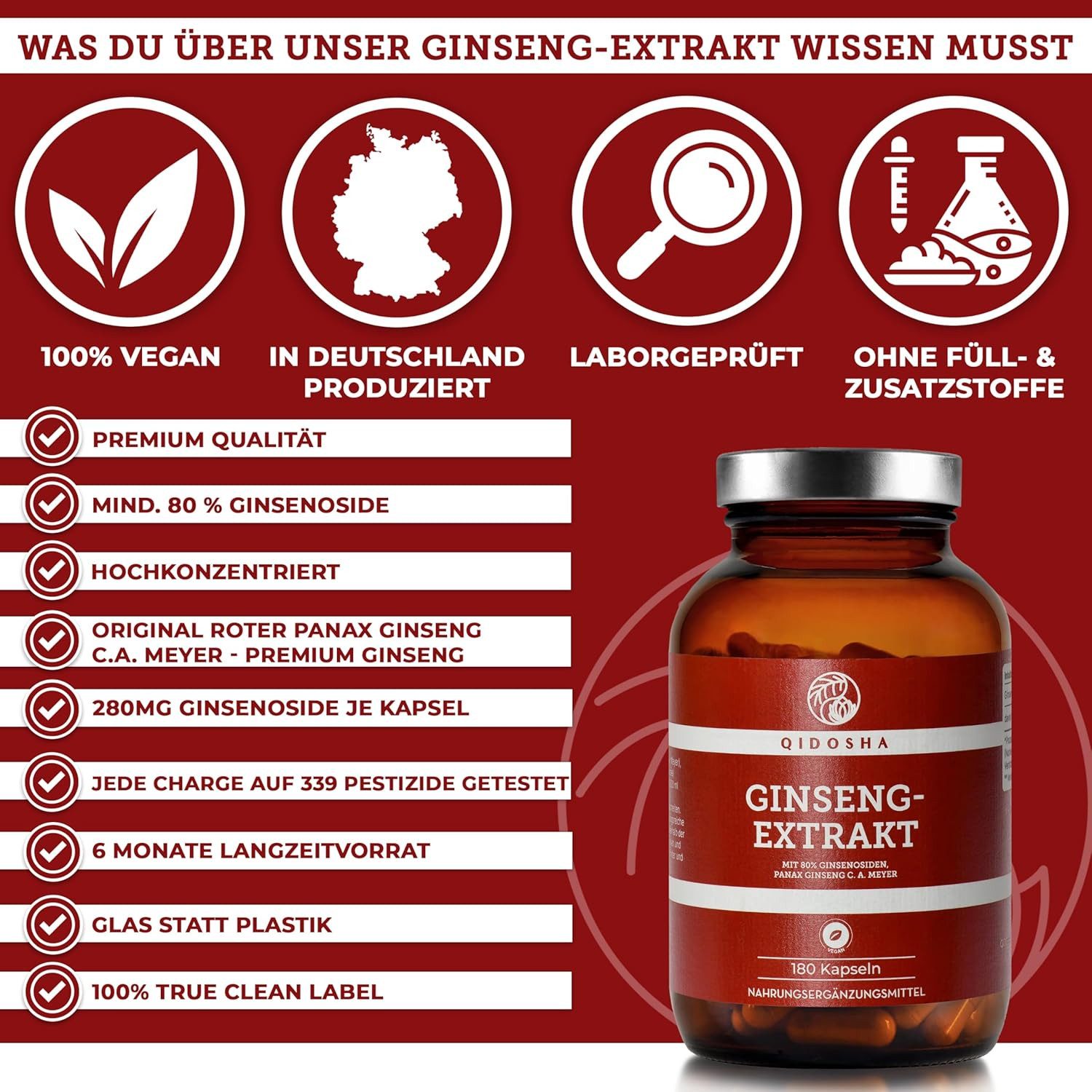 QIDOSHA Ginseng-Extrakt Kapseln, hochdosierte Ginseng Kapseln mit 80% Ginsenosiden, 180 Kapseln im Apothekerglas, original Roter Panax Ginseng C.A. Meyer, deutsche Fertigung, ohne Füllstoffe à 180 St., 84.6 g
