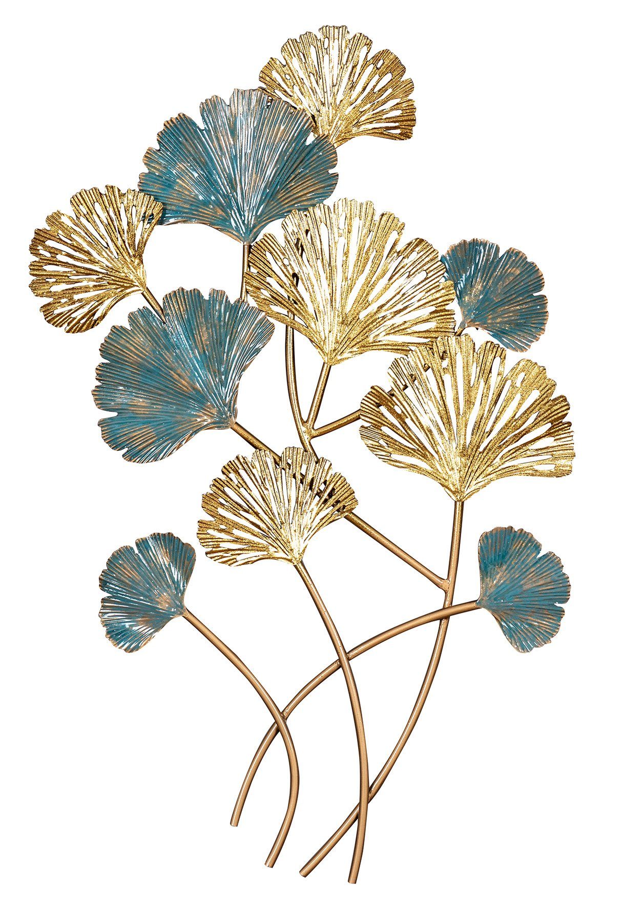 Levandeo® Metallbild, Wandbild 48x76cm Gold Blau Ginkgo Metall-Bild Wand-Deko Wandhänger