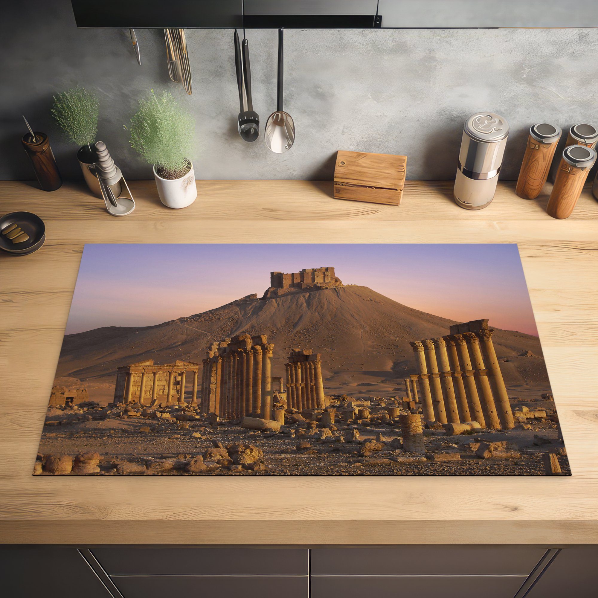 Herdblende-/Abdeckplatte Sonnenaufgang Palmyra, Vinyl, für (1 Ceranfeldabdeckung, küche 83x51 Arbeitsplatte über cm, tlg), MuchoWow