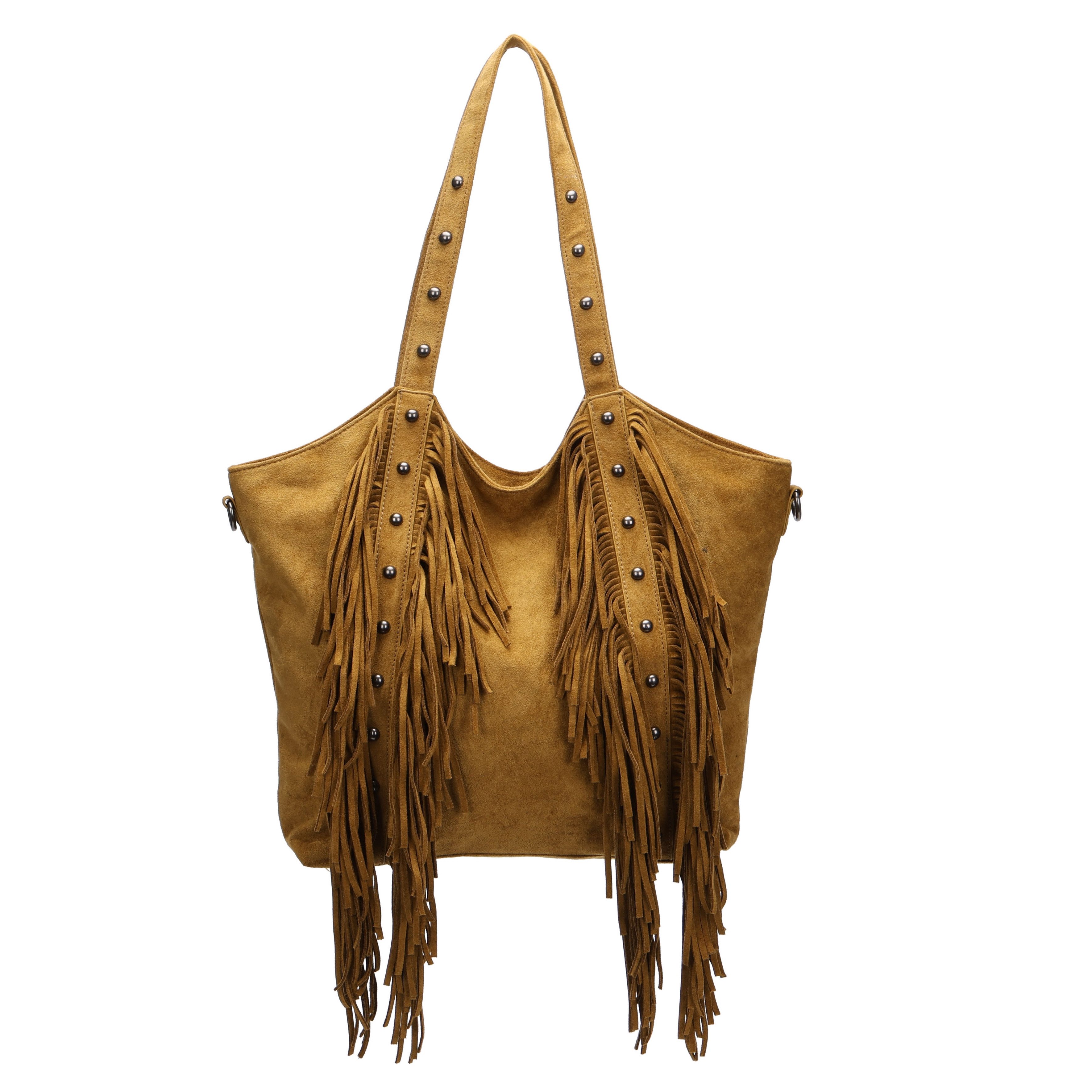 MIRROSI Shopper Damen Fransen Schultertasche Wildleder-Optik aus Polyester (Neue Kollektion Herbst/Winter 2026, ca. 45 x 9 x 36 cm), mit Fransen, Nieten & Umhängeriemen
