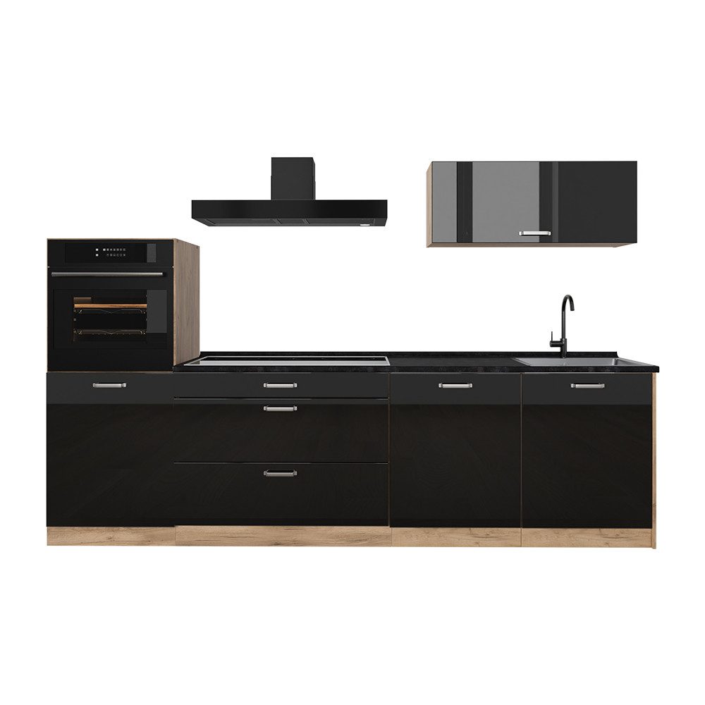 Vicco Küchenzeile R-Line, Schwarz Hochglanz/Goldkraft Eiche, 280 cm Arbeitsplatte Ant...