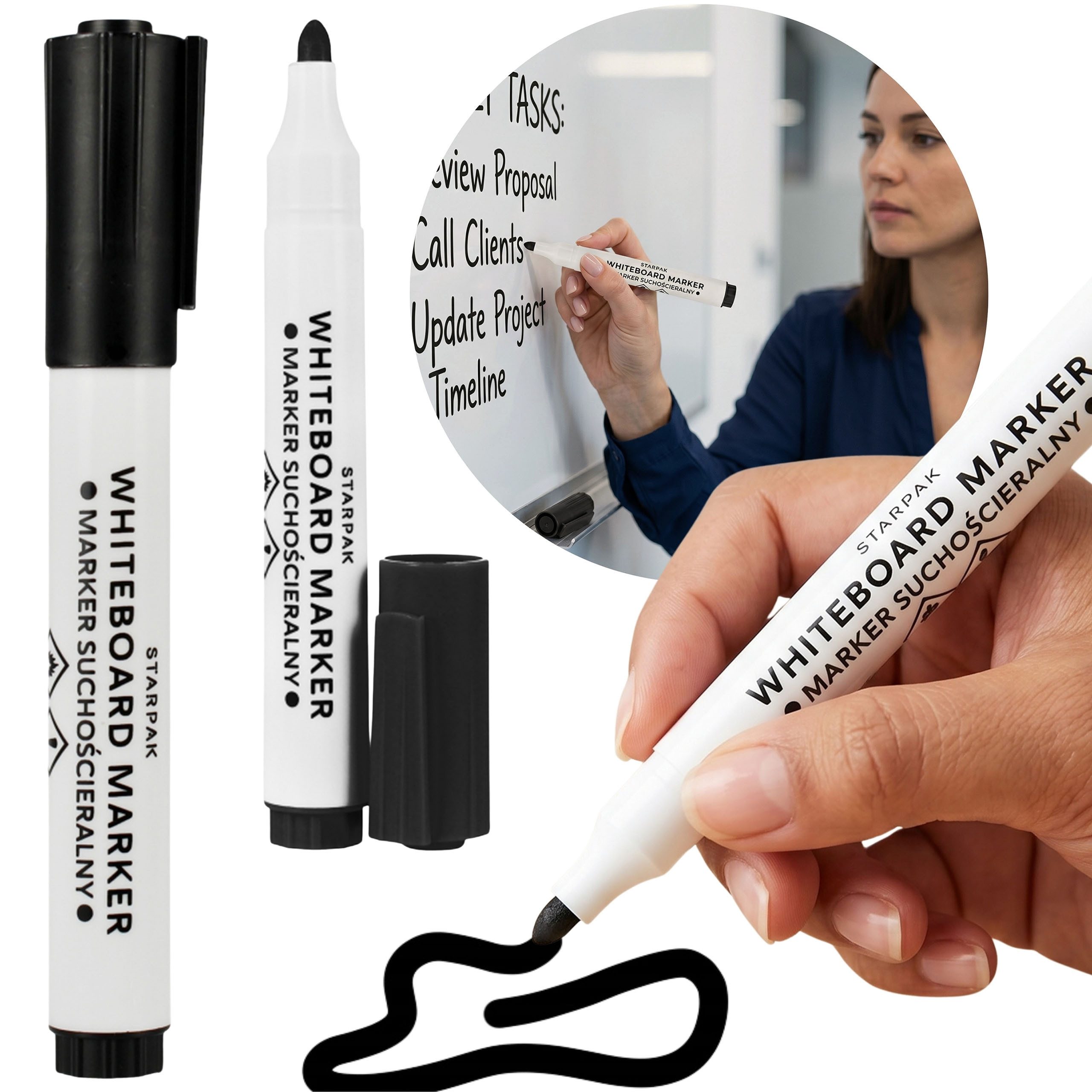 Sarcia.eu Whiteboard Marker Trockenlöschbarer Marker für Tafeln, schwarz, Filzmarker